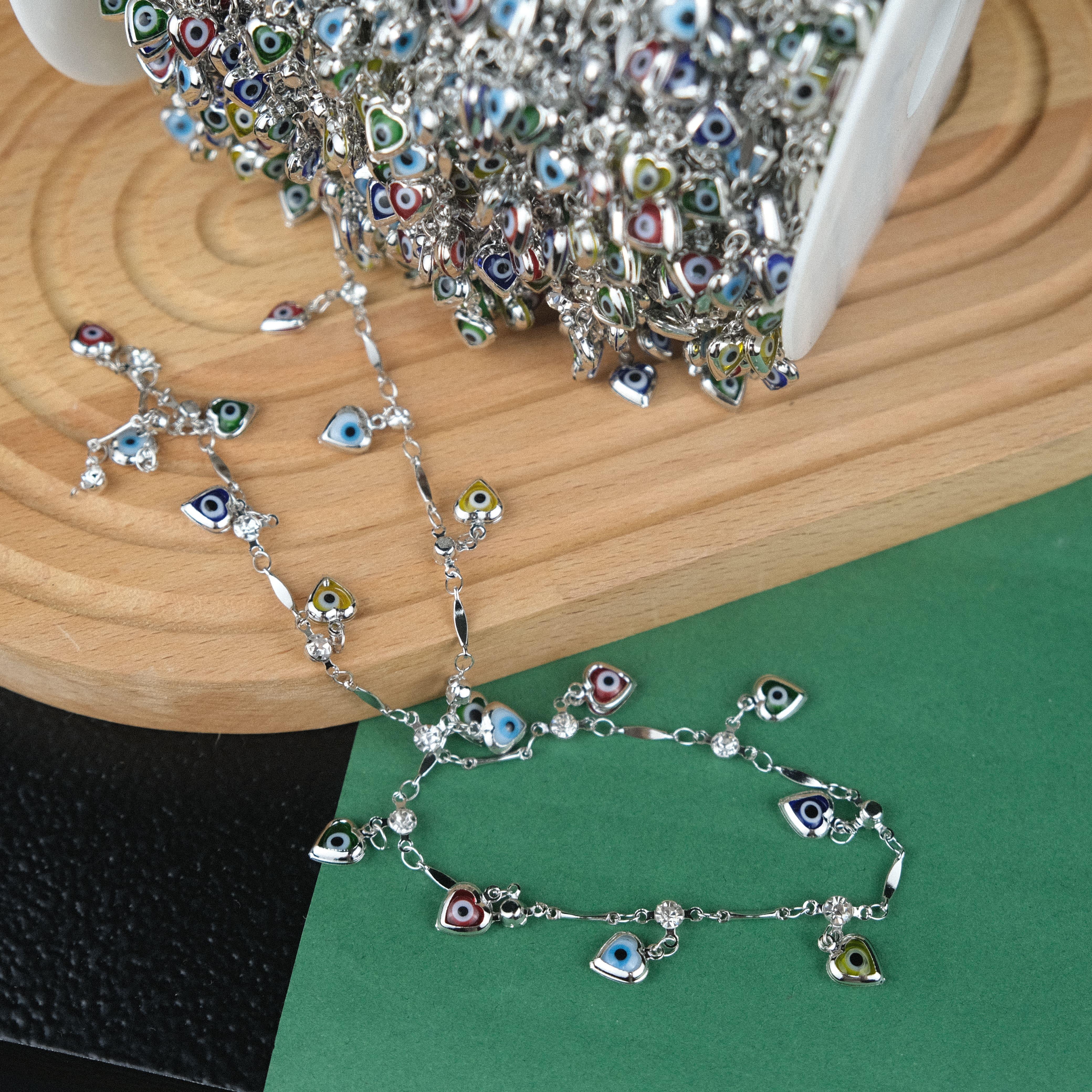Gümüş Metal Zincir Sallantılı Renkli Nazar Boncuklu Zincir Gözlük Zinciri Y Kolye Zinciri 1 Metre