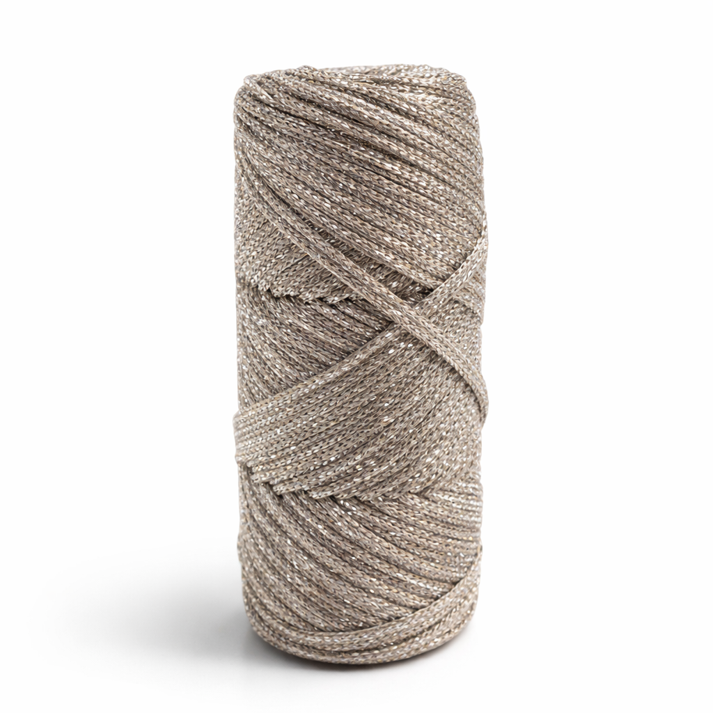 Gümüş Simli Koyu Bej Polyester Makrome El Örgü İpi 100 gr