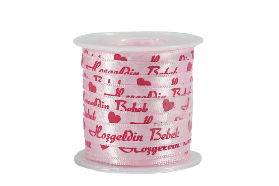 Hoşgeldin Bebek Desenli Pembe Saten Kurdele 1 cm