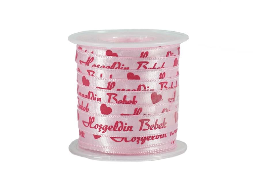Hoşgeldin Bebek Desenli Pembe Saten Kurdele 1 cm