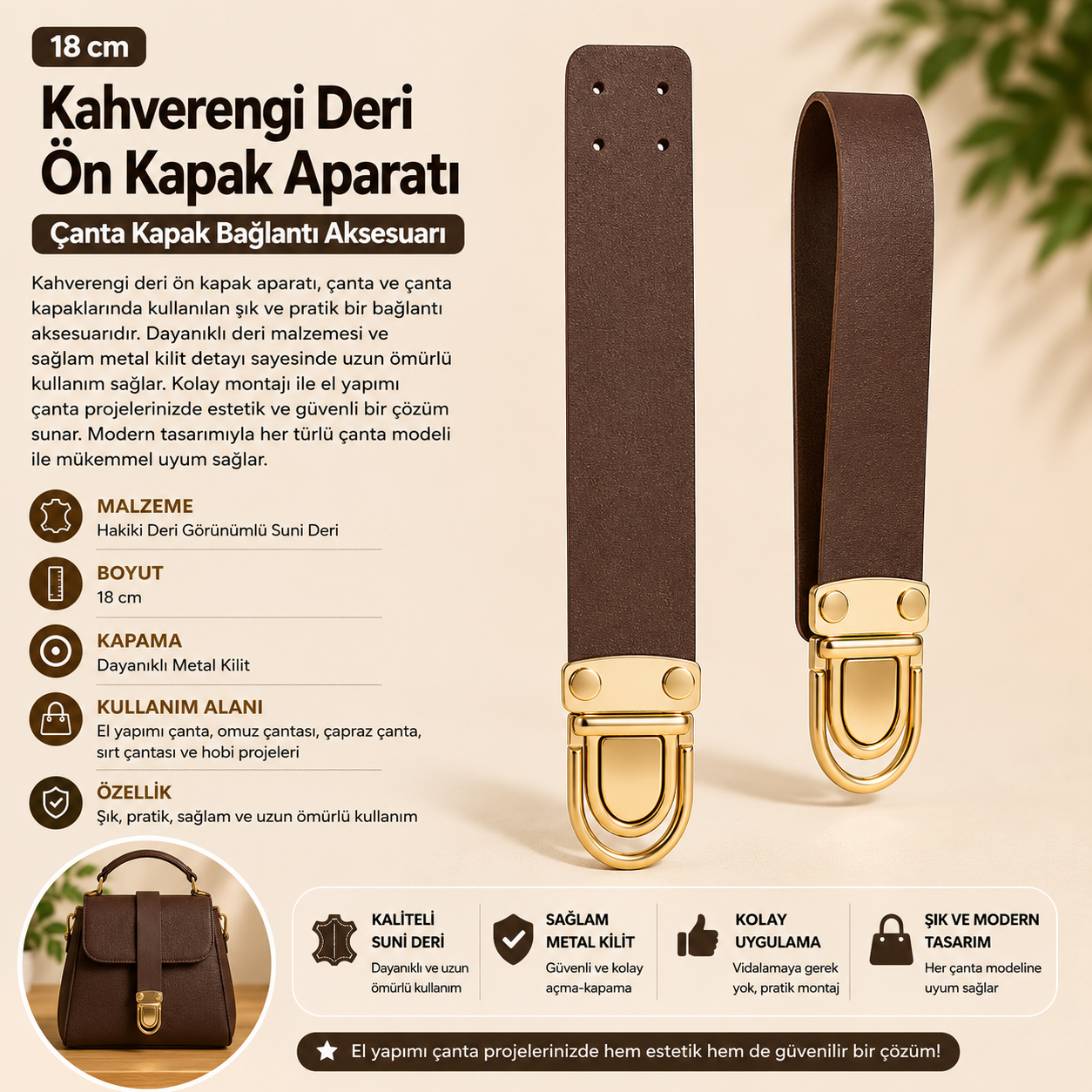 Kahverengi Deri Çanta Ön Kapak Aparatı – Gold  Metal Kilitli 18 cm