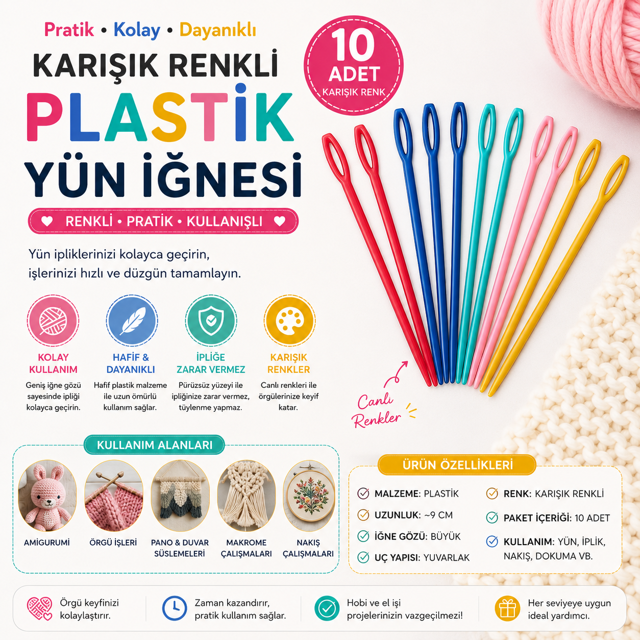 Karışık Renkli Plastik Yün İğnesi 10 Adet
