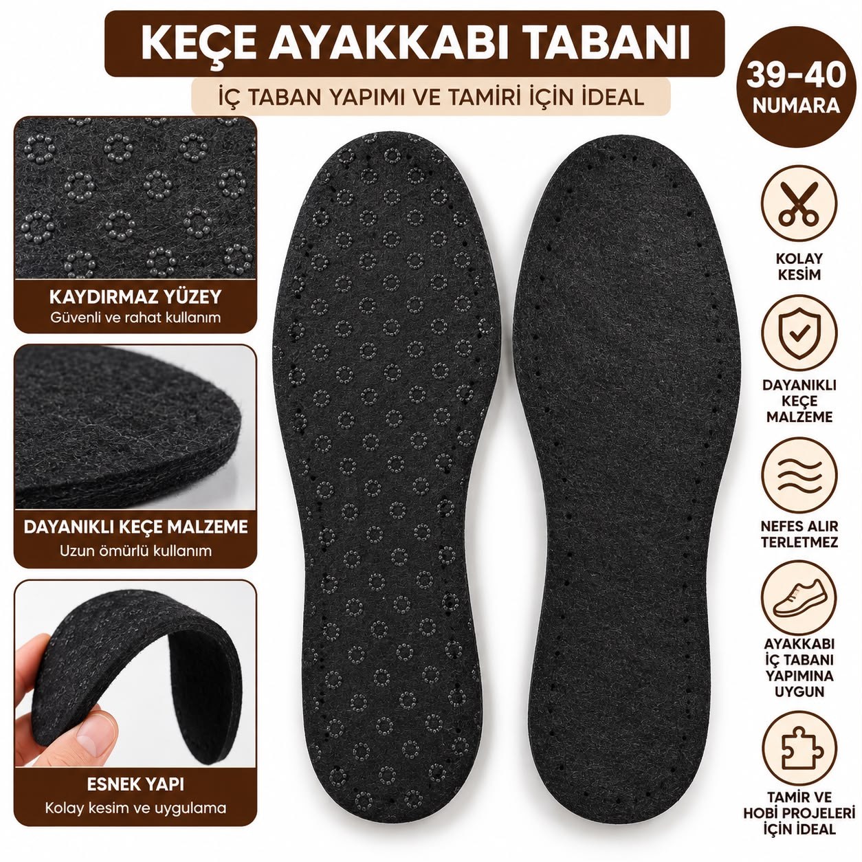 Kaydırmaz Patiklik Keçe Taban – El Örgüsü Patik & Ev Ayakkabısı İç Tabanı (39-40 Numara)