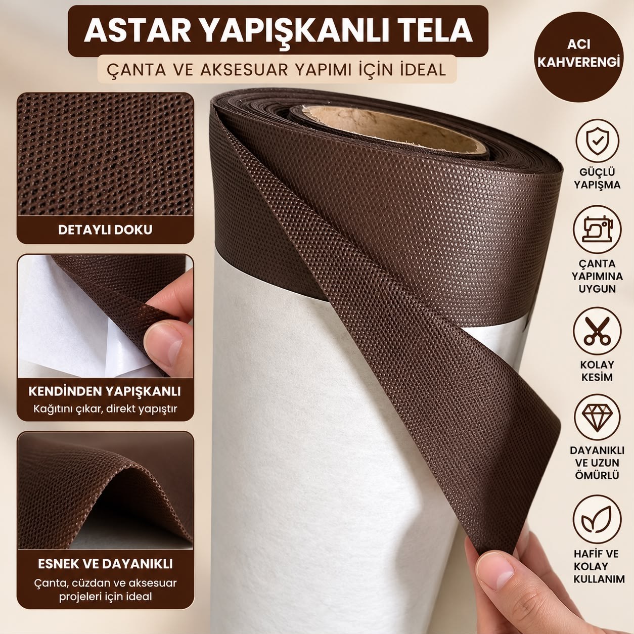 Kendinden Yapışkanlı Çanta Telası 80 x 50 cm – Acıkahve Kahverengi  Astar Tela