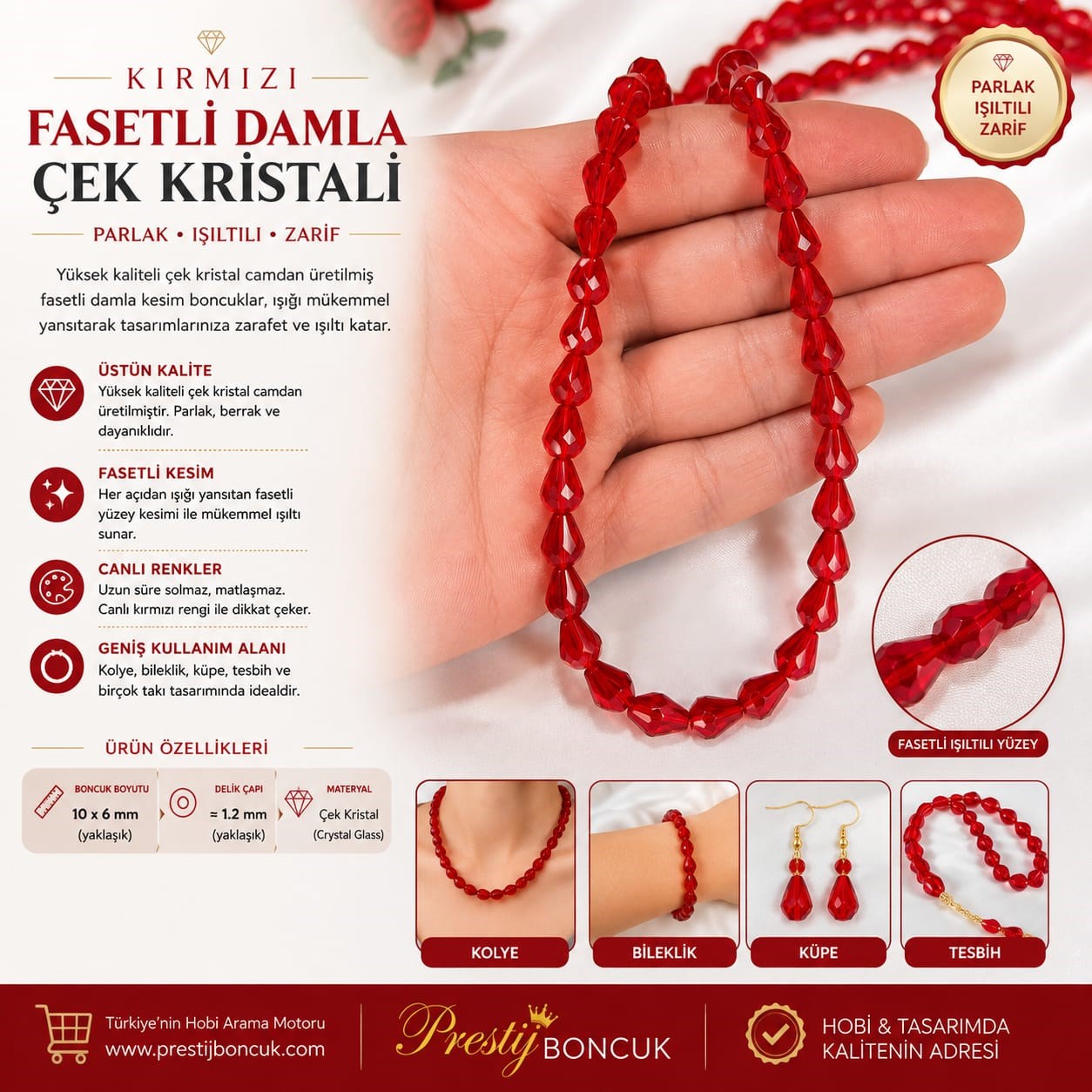 Kırmızı Fasetli Damla Çek Kristali Boncuk 10 mm