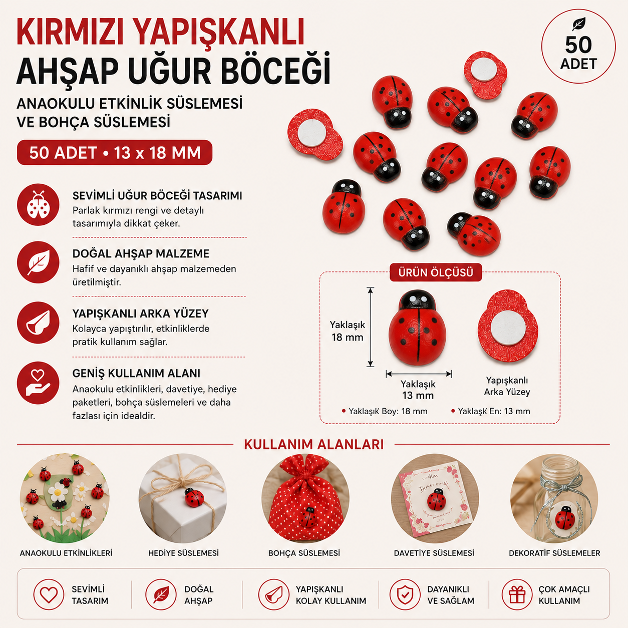 Kırmızı Yapışkanlı Ahşap Uğur Böceği Anaokulu Etkinlik Süslemesi ve Bohça Süslemesi 50 Adet 18 MM