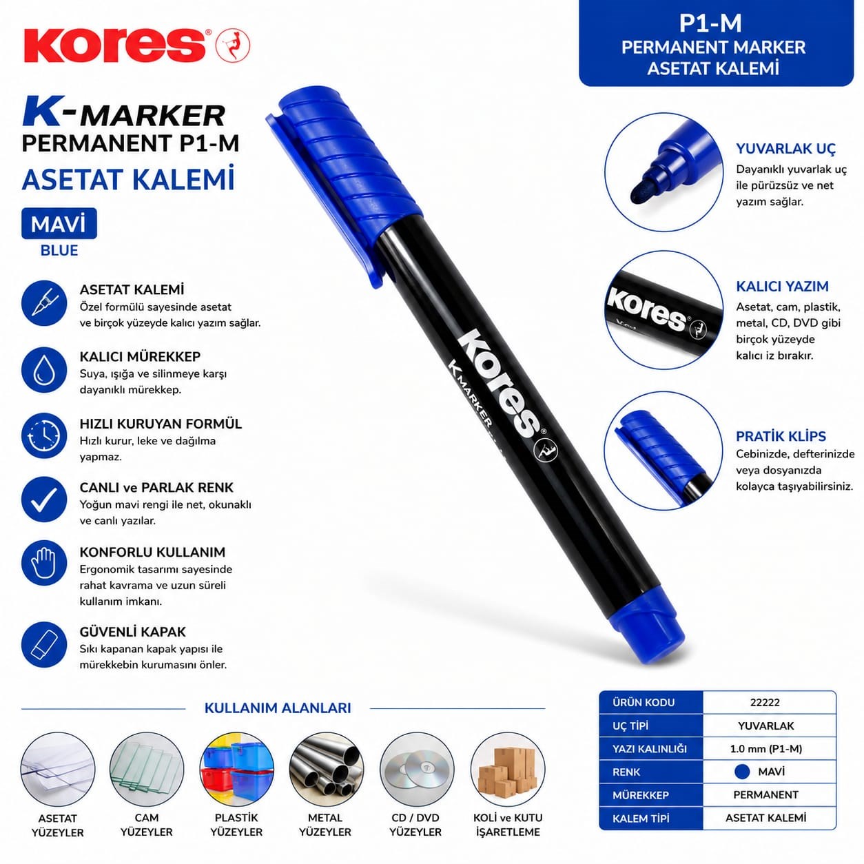 Kores K-Marker Permanent P1-M Asetat Kalemi Mavi