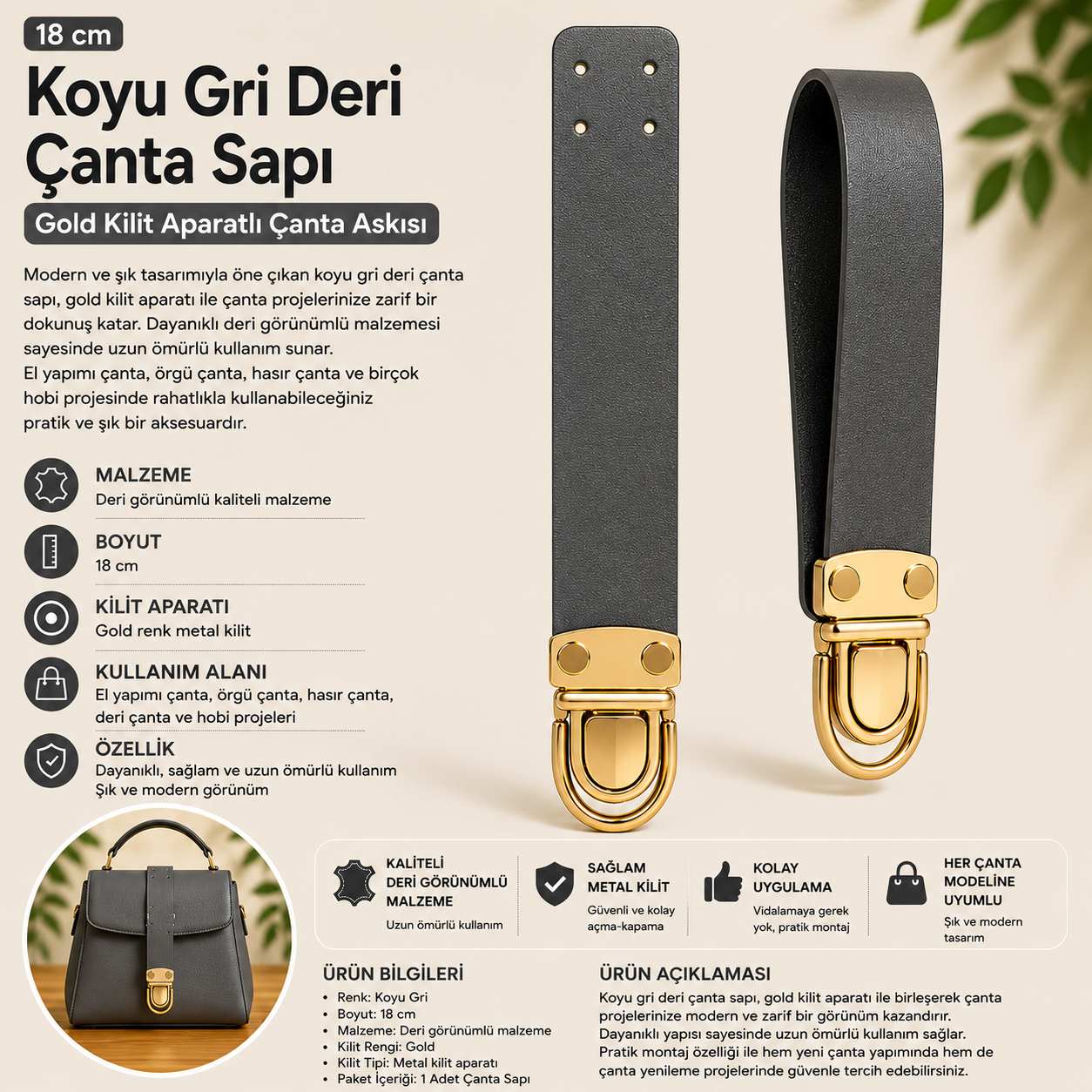 Koyu Gri Deri Görünümlü Çanta Sapı – Gold Kilit Aparatlı 18 cm