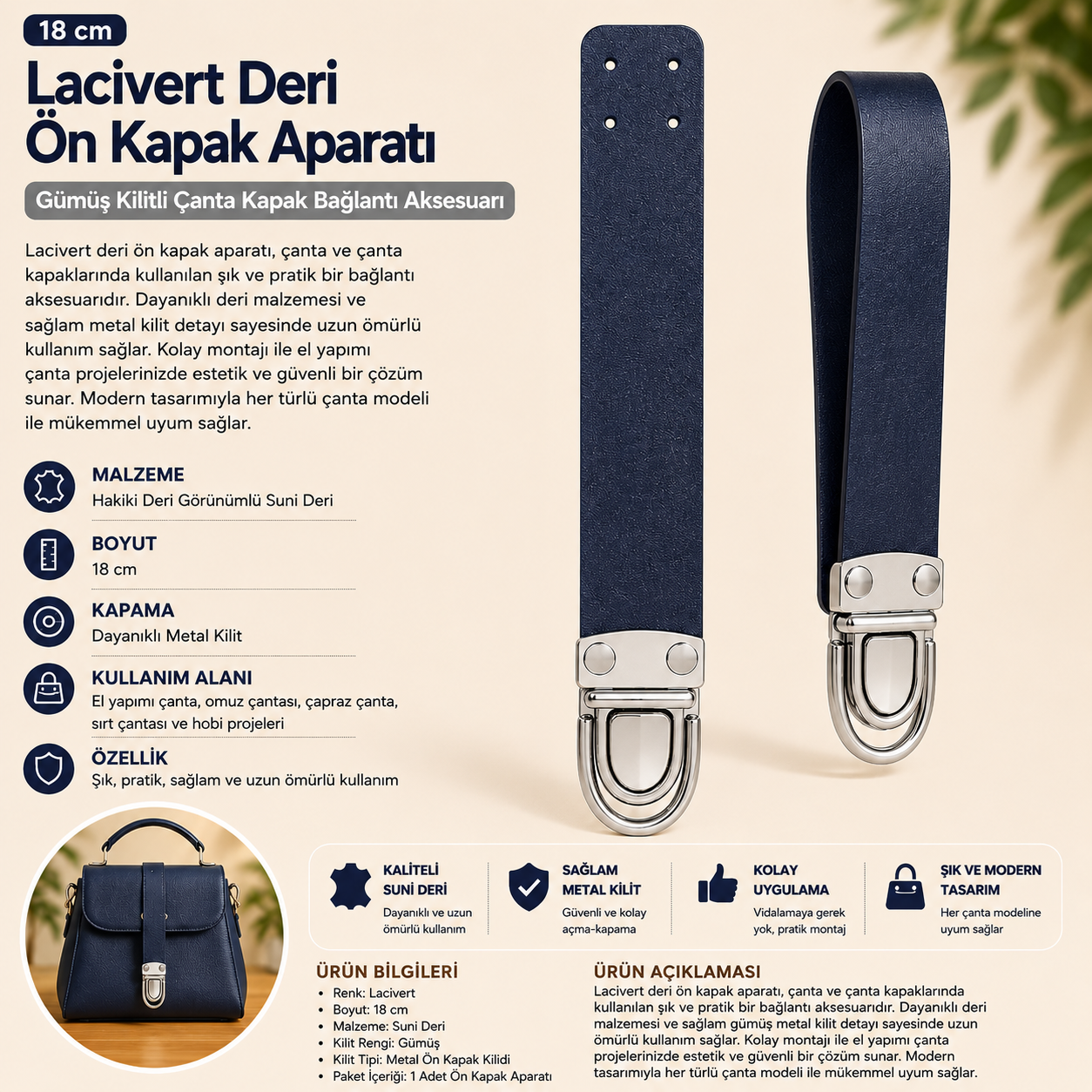 Lacivert Deri Görünümlü Çanta Sapı – Gümüş Kilit Aparatlı 18 cm