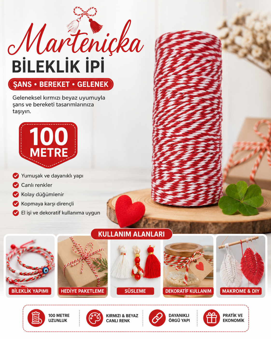 Marteniçka Bileklik İpi Şans Bileklik İpi Süsleme ve Paketleme İpi 100 Metre
