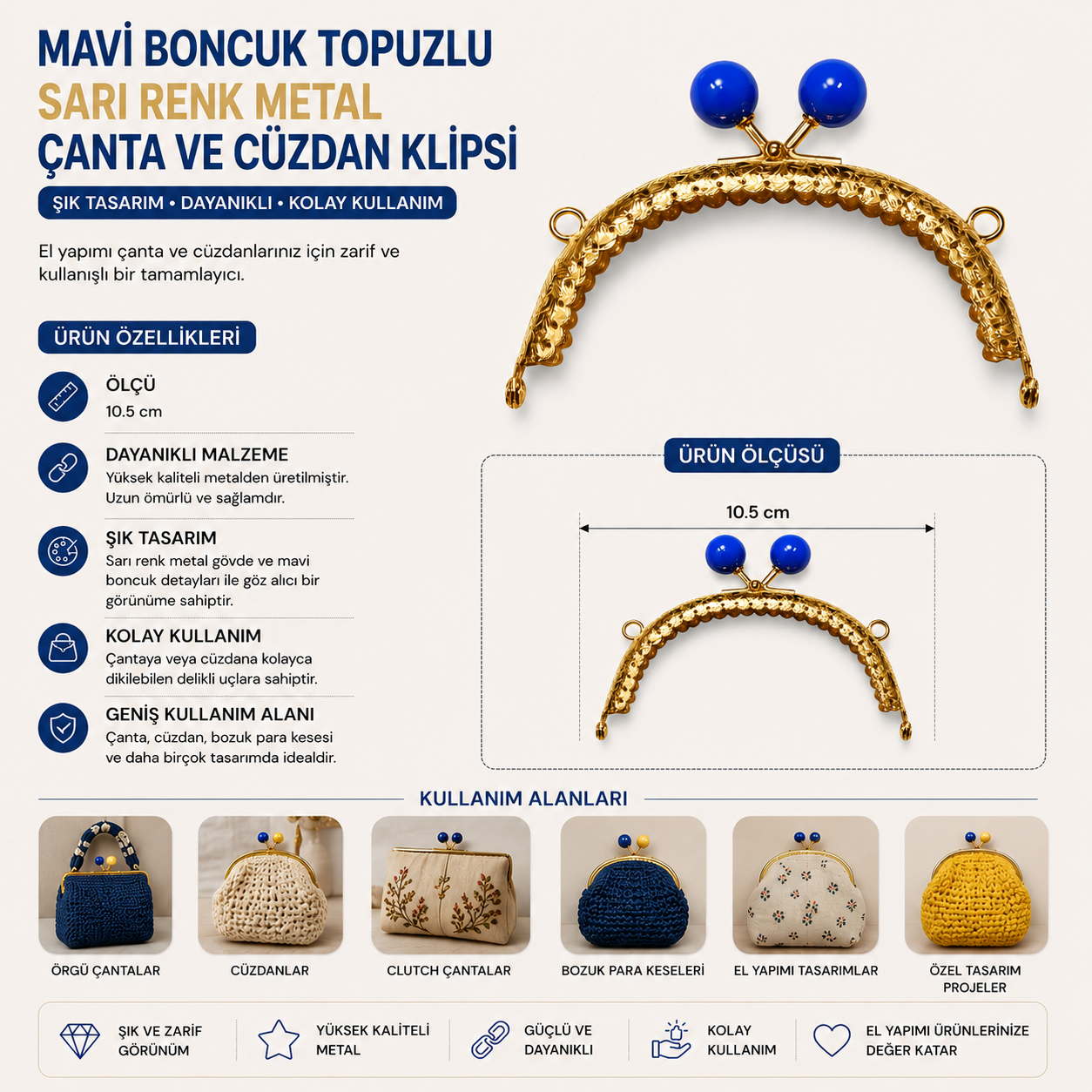 Mavi Boncuk Topuzlu Sarı Renk Metal Çanta ve Cüzdan Klipsi 10.5 cm