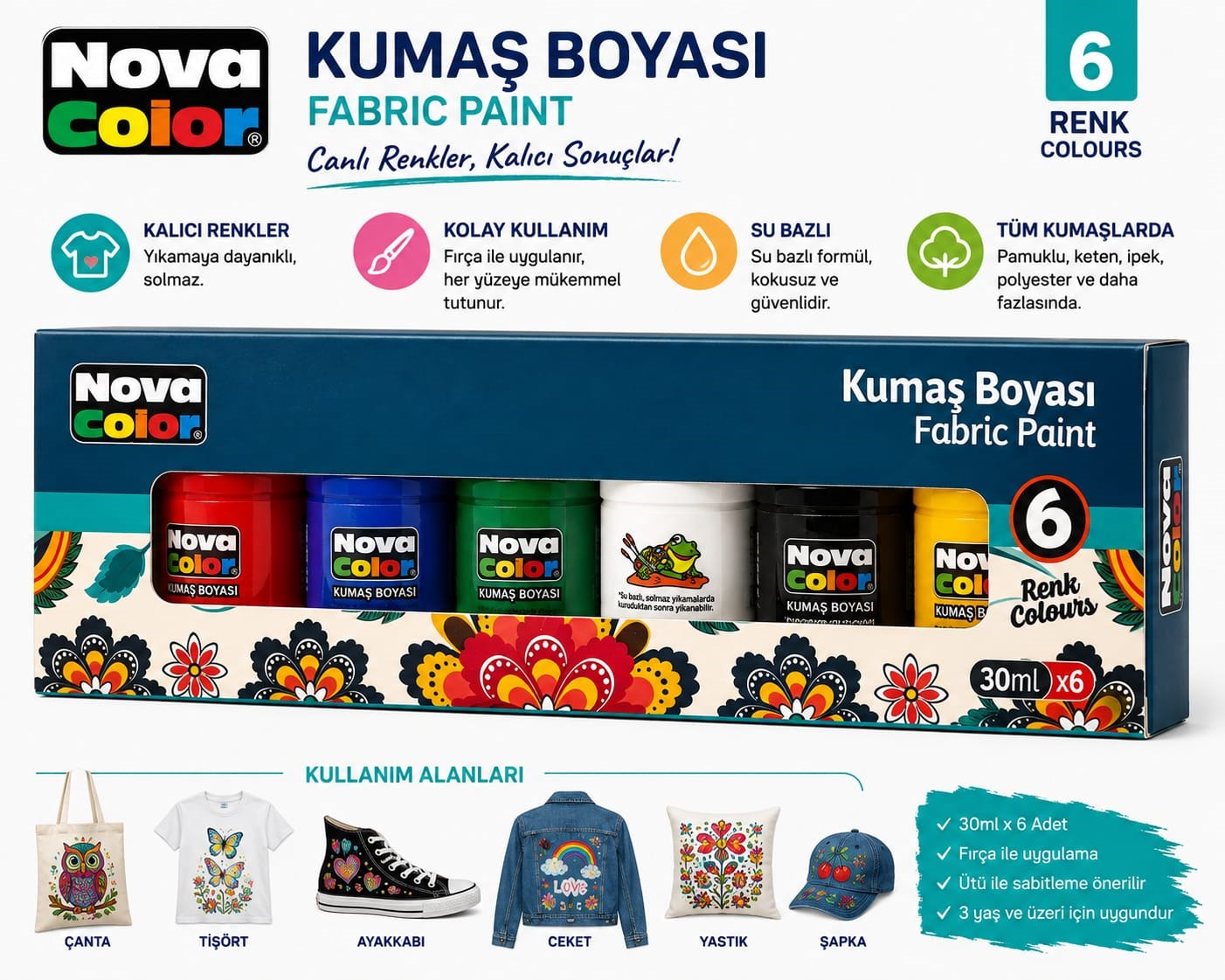 Nova Color Kumaş Boyası Şişe 6lı