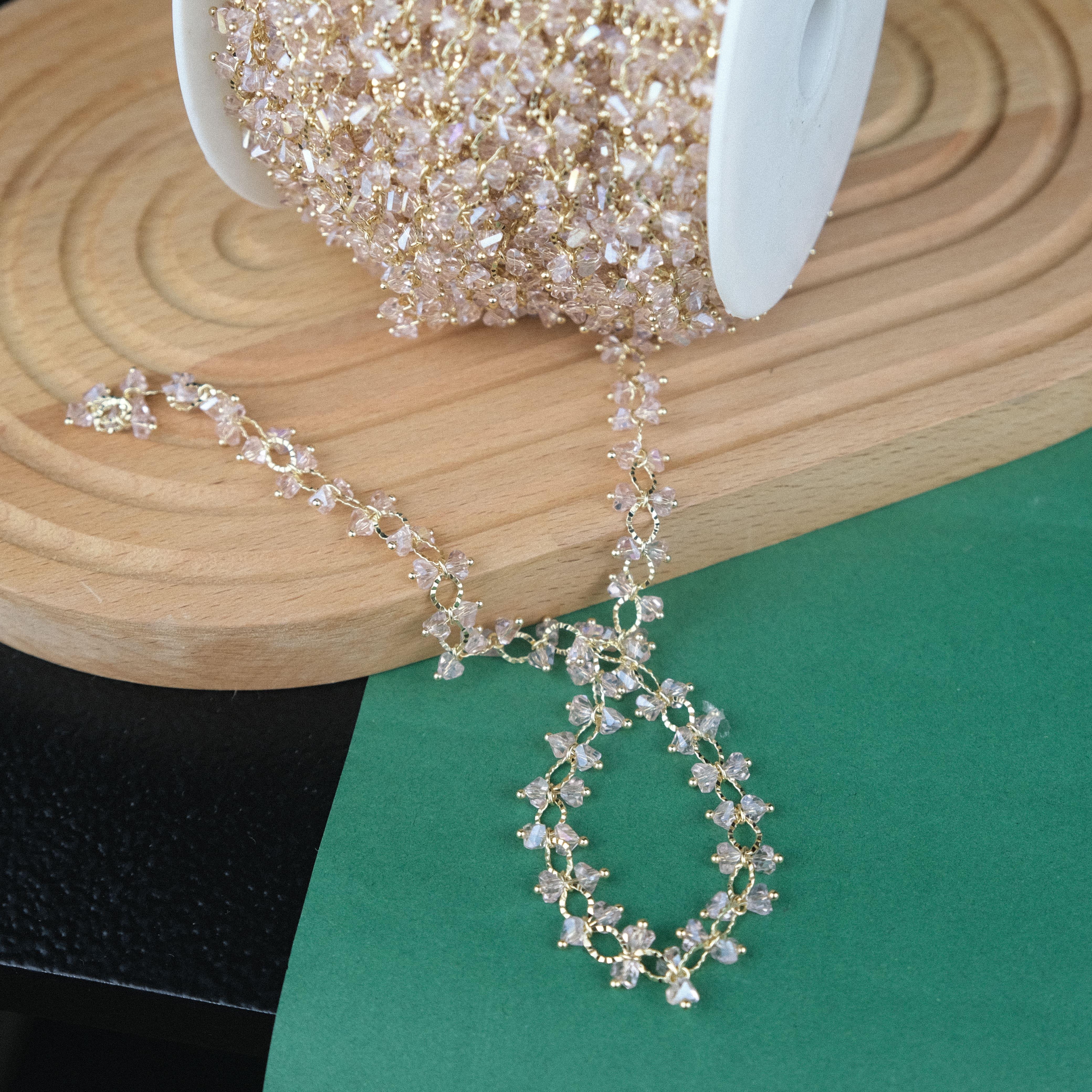 Pembe Kristal Boncuklu Gold Zincir Y Model Zincir 1 Mt