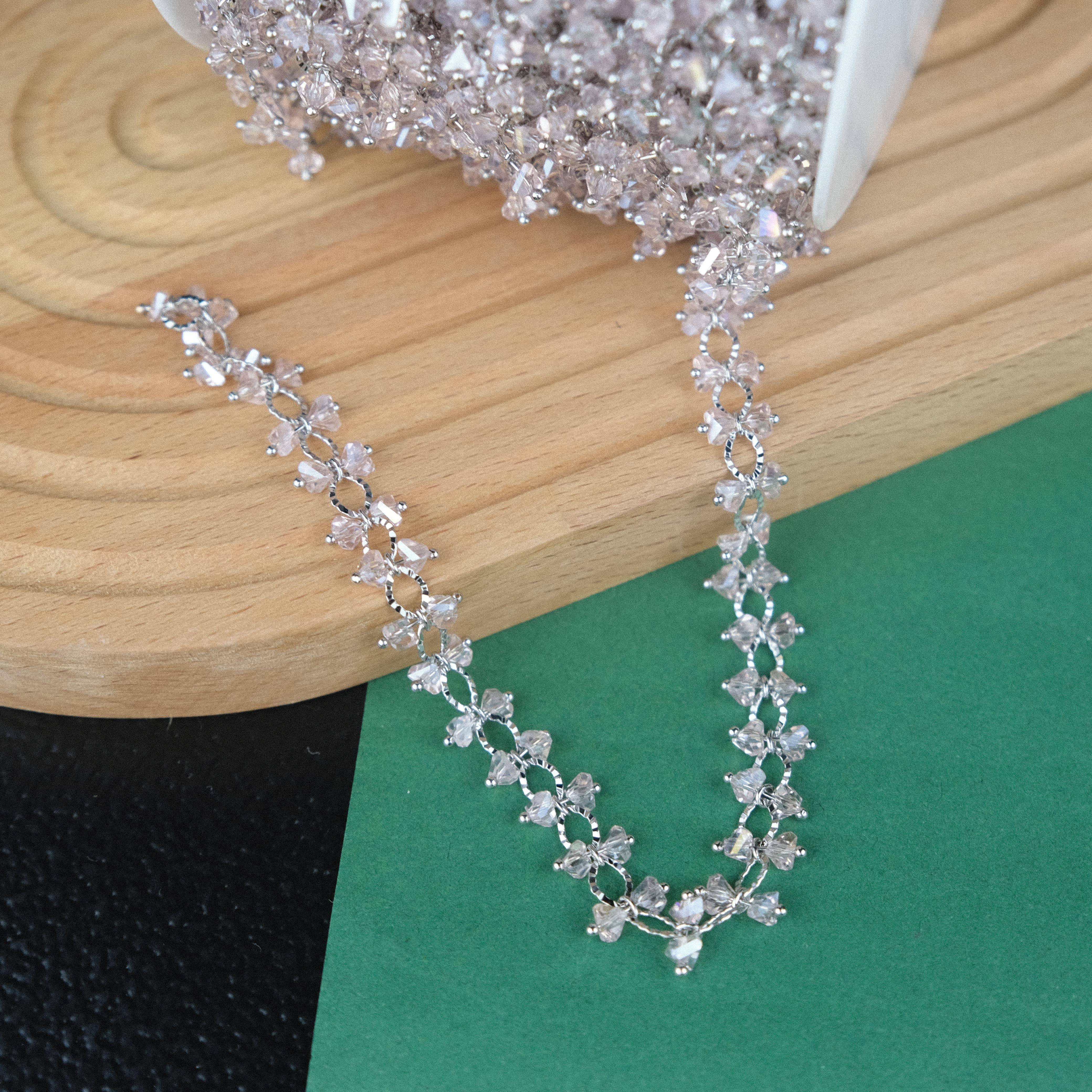 Pembe Kristal Boncuklu Gümüş Renk  Zincir Y Model Zincir 1 Mt