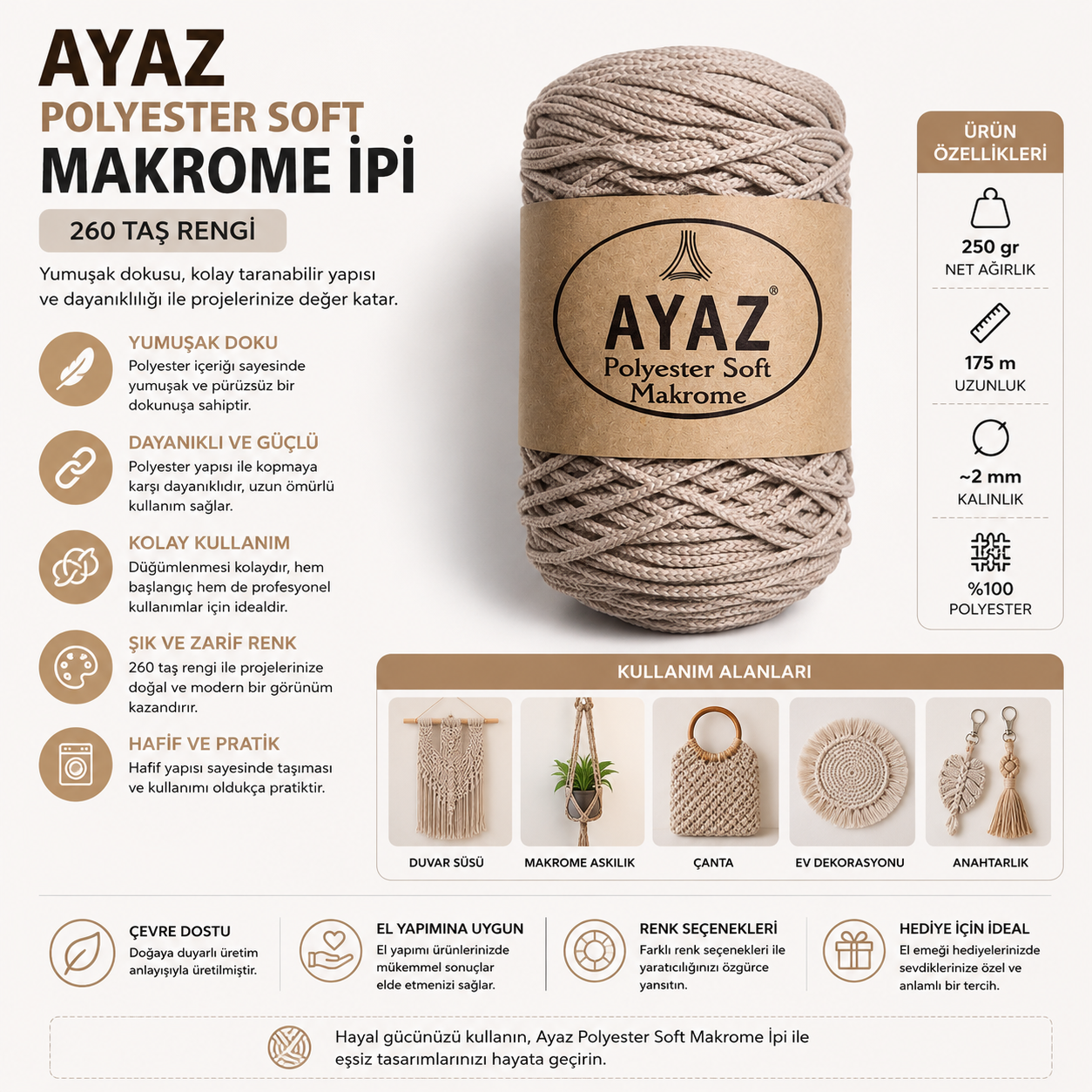 Polyester Soft Makrome İpi 260 Taş Rengi  250 gr 175 m