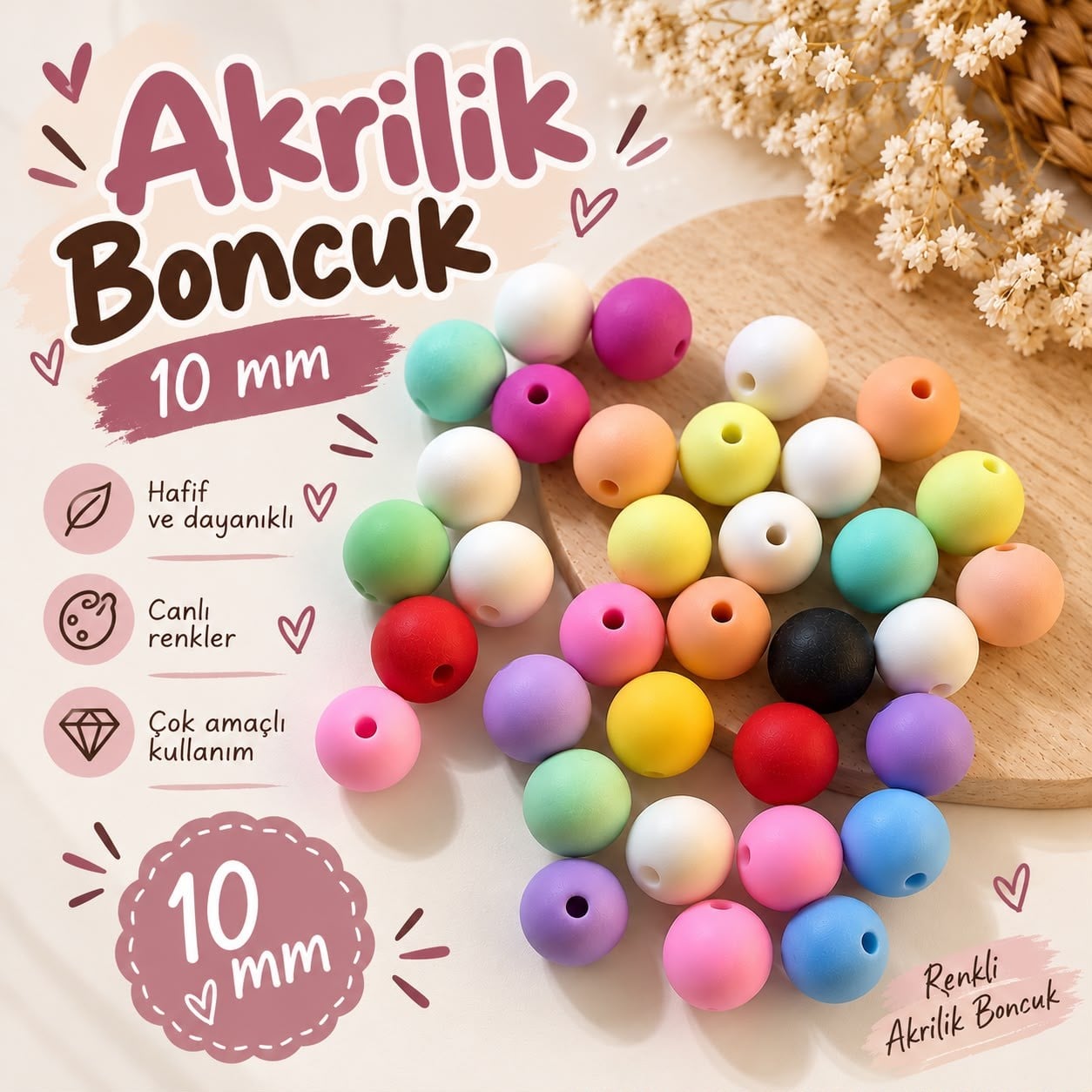 Renkli Akrilik Boncuk 10 mm 100 GR 90-100 ADET
