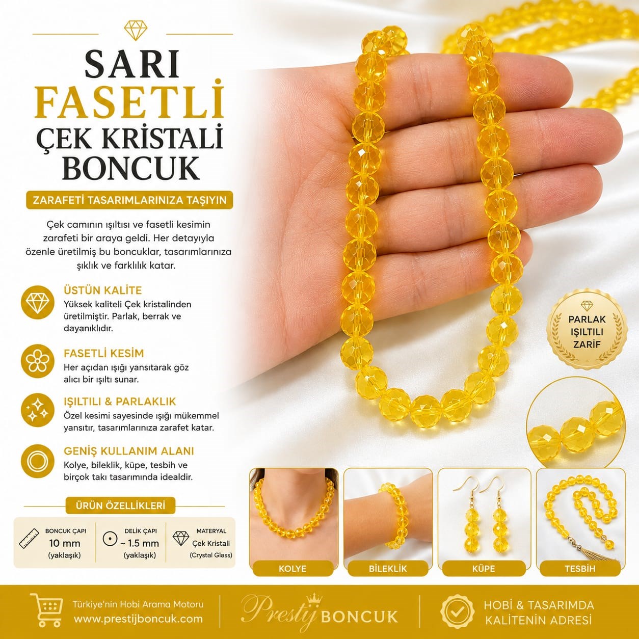 Sarı Fasetli Çek Kristali Boncuk (10 mm)