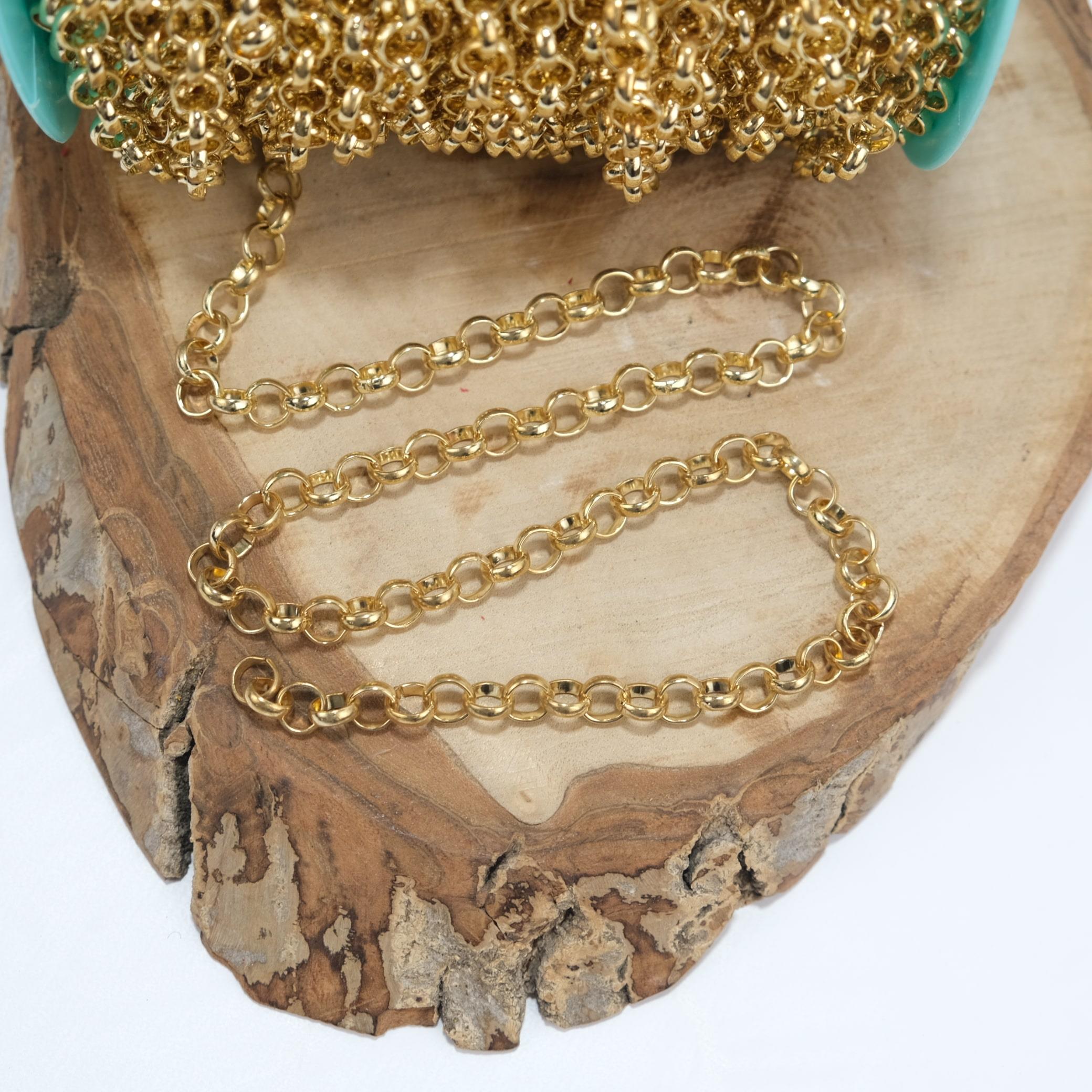 Sarı Renk Metal Kaplama Yuvarlak Zincir Kolye Zinciri Takı ve Çanta Zinciri 1 Metre Halka Boyu 8 mm