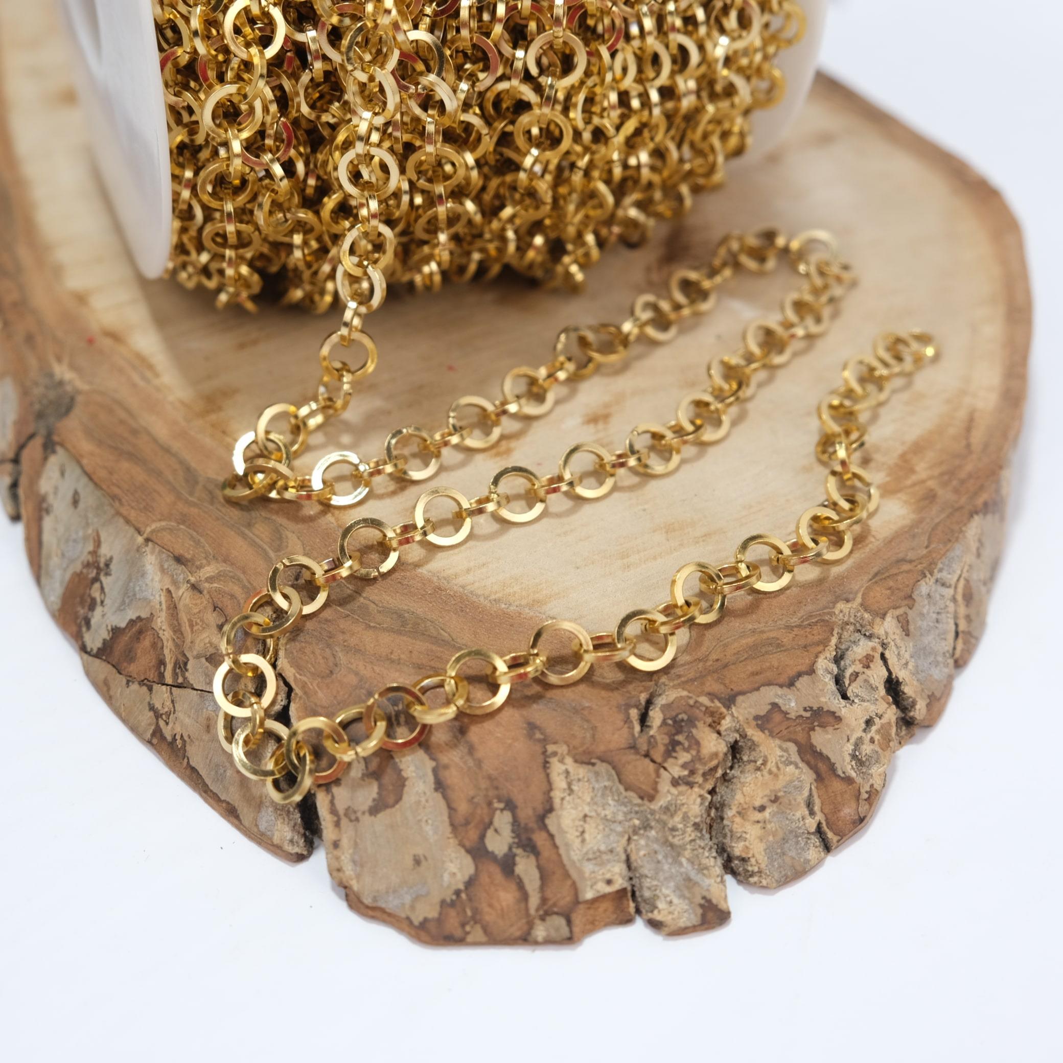 Sarı Renk Metal Kaplama Yuvarlak Zincir Kolye Zinciri Takı ve Aksesuar Zinciri 1 Metre Halka Boyu 9 mm