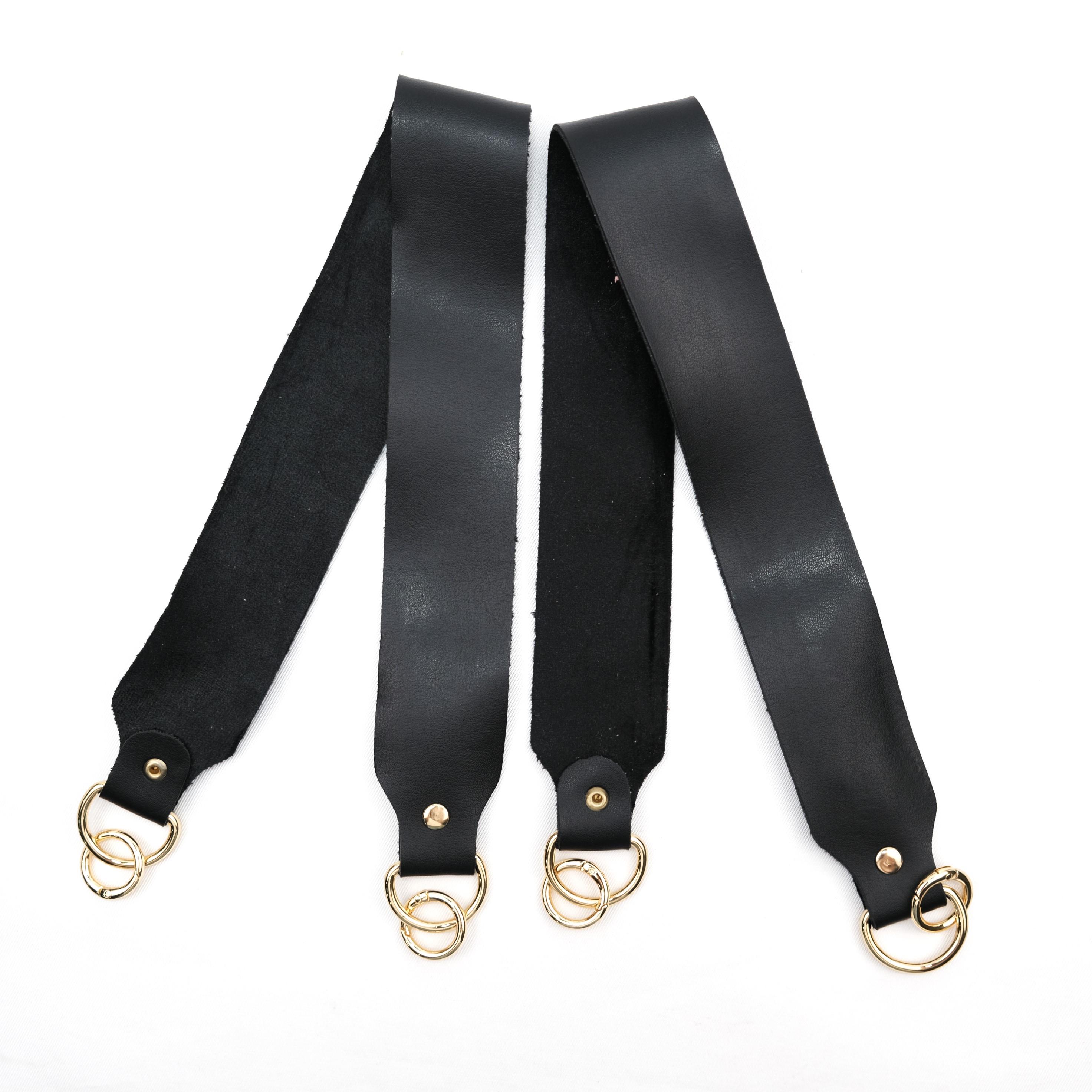 Siyah Deri Çanta Sapı Çifti Gold Renk Yaylı Halkalı