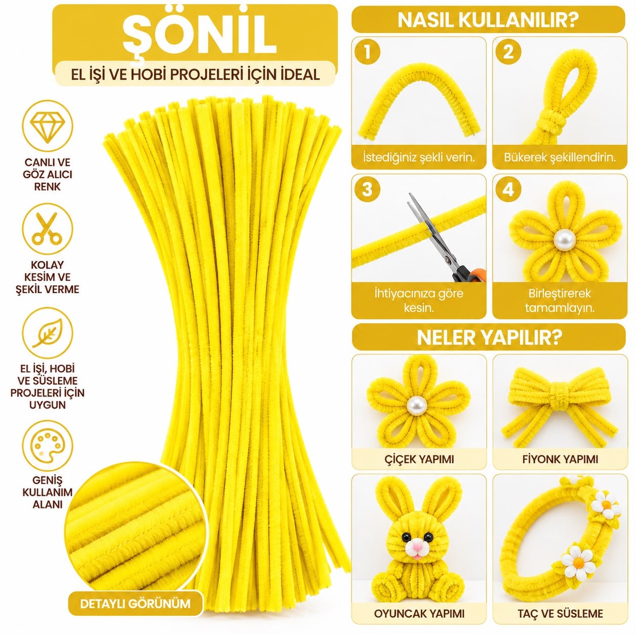 Şönil 31 cm 100 Adet – Tüylü Şönil Çubuk, Hobi ve El İşi Malzemesi Sarı