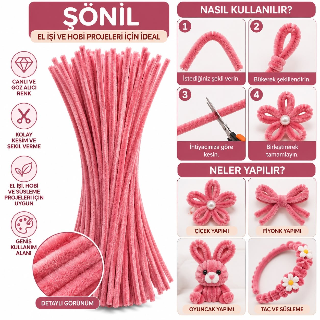 Şönil 31 cm 100 Adet – Tüylü Şönil Çubuk, Hobi ve El İşi Malzemesi Gül Kurusu