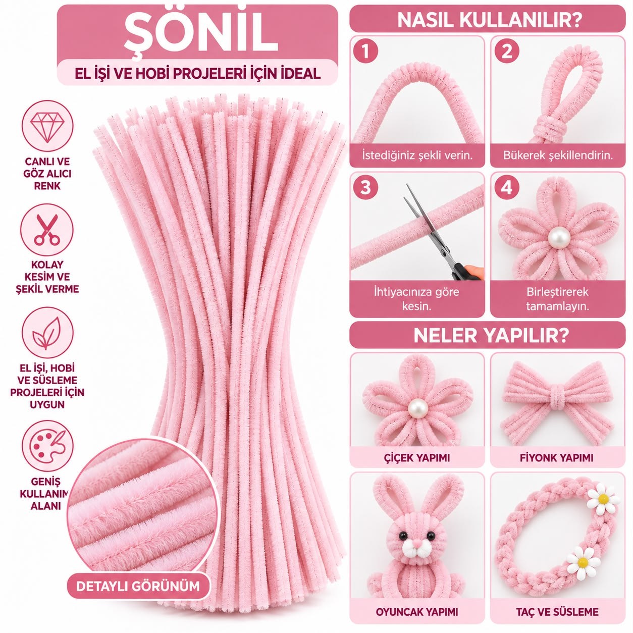 Şönil 31 cm 100 Adet – Tüylü Şönil Çubuk, Hobi ve El İşi Malzemesi Bebek Pembesi