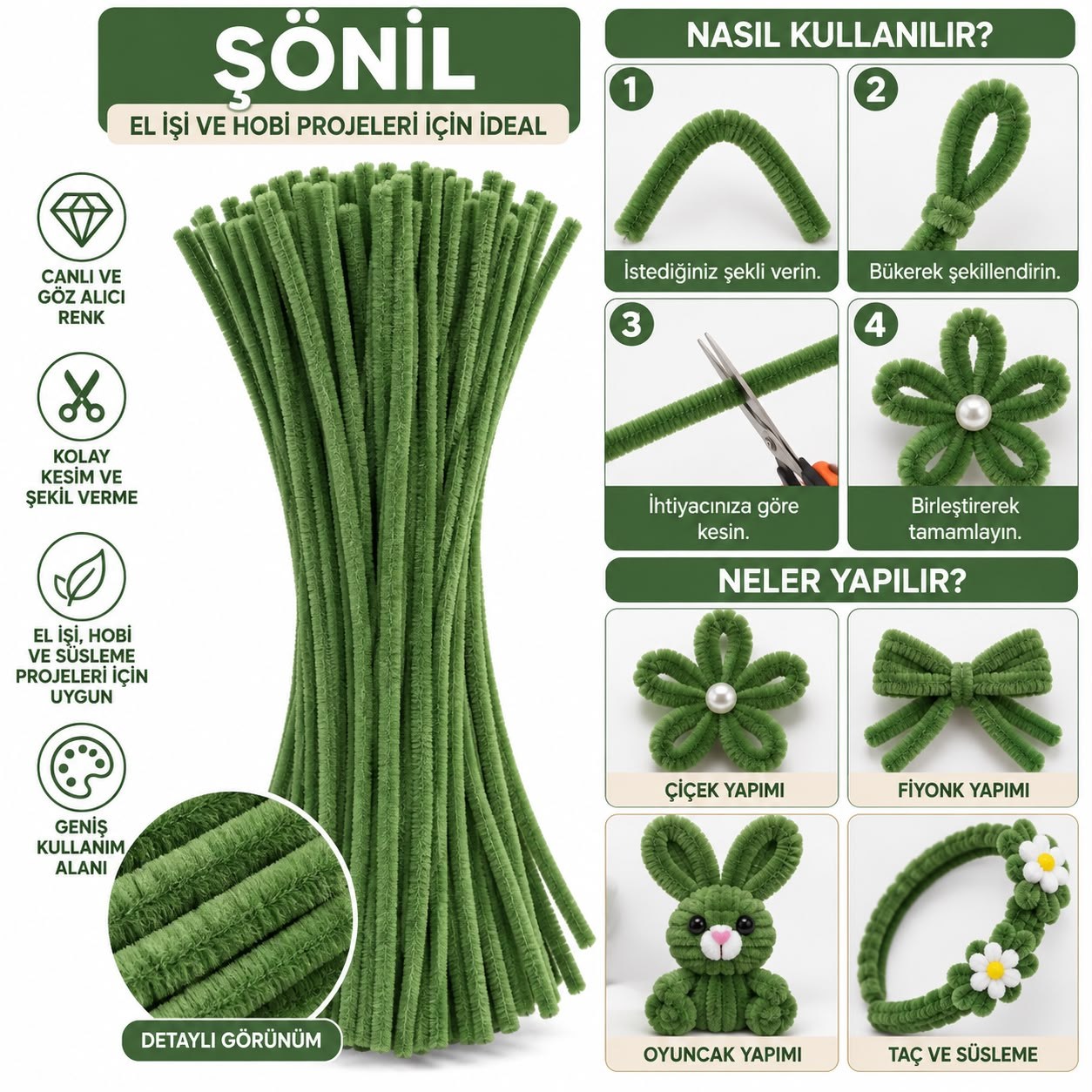 Şönil 31 cm 100 Adet – Tüylü Şönil Çubuk, Hobi ve El İşi Malzemesi Çam Yeşili