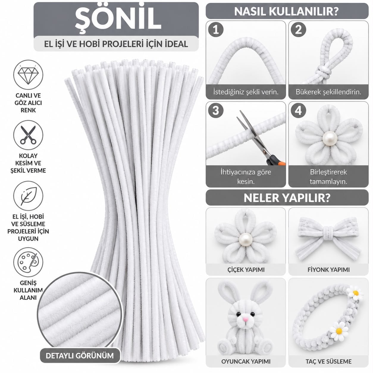Şönil 31 cm 100 Adet – Tüylü Şönil Çubuk, Hobi ve El İşi Malzemesi Beyaz