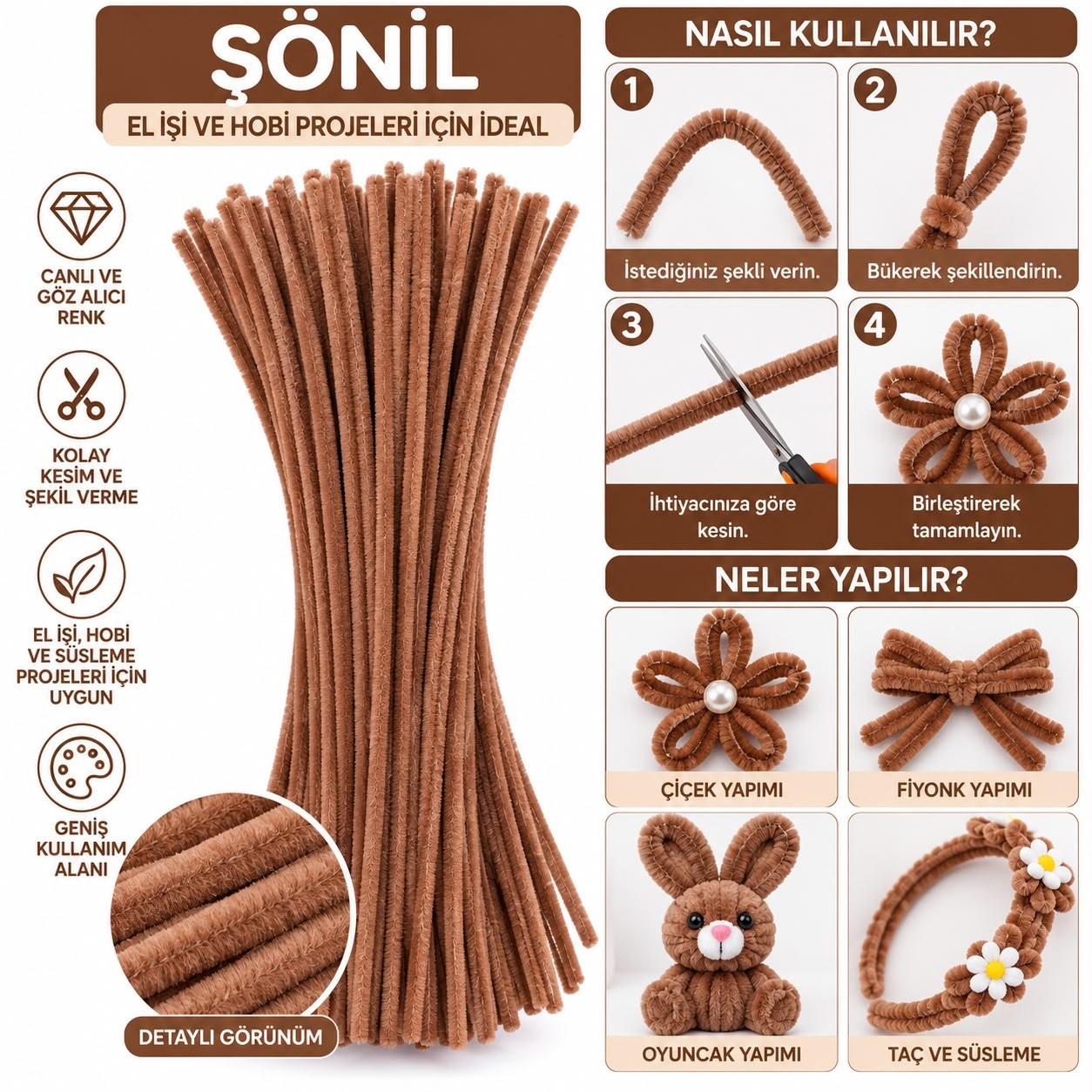 Şönil 31 cm 100 Adet – Tüylü Şönil Çubuk, Hobi ve El İşi Malzemesi Taba Açık Kahverengi