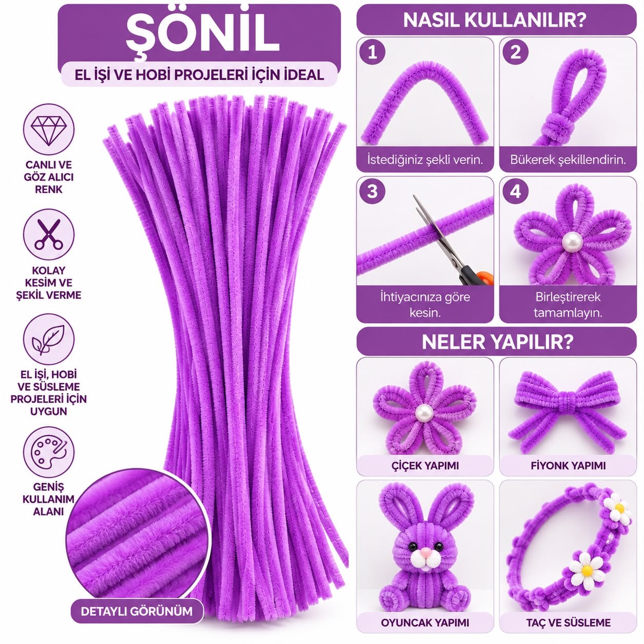 Şönil 31 cm 100 Adet – Tüylü Şönil Çubuk, Hobi ve El İşi Malzemesi Menekşe