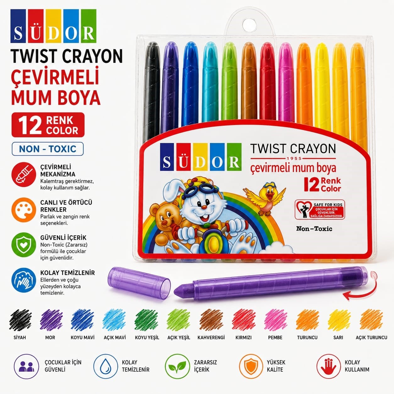Südor Mum Pastel Boya Twist Crayon Çevirmeli 12 Renk