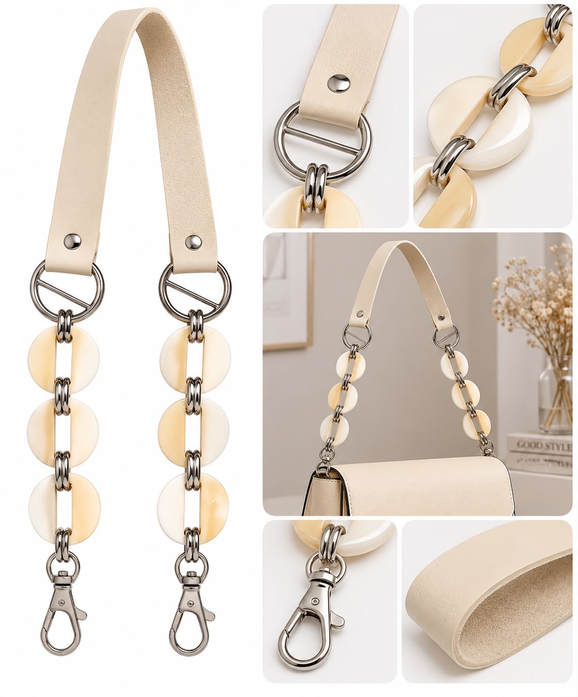 Suni Deri Boncuk ve Metal Detaylı Çanta Sapı – 75 cm Gümüş Klipsli Çanta Askısı Krem