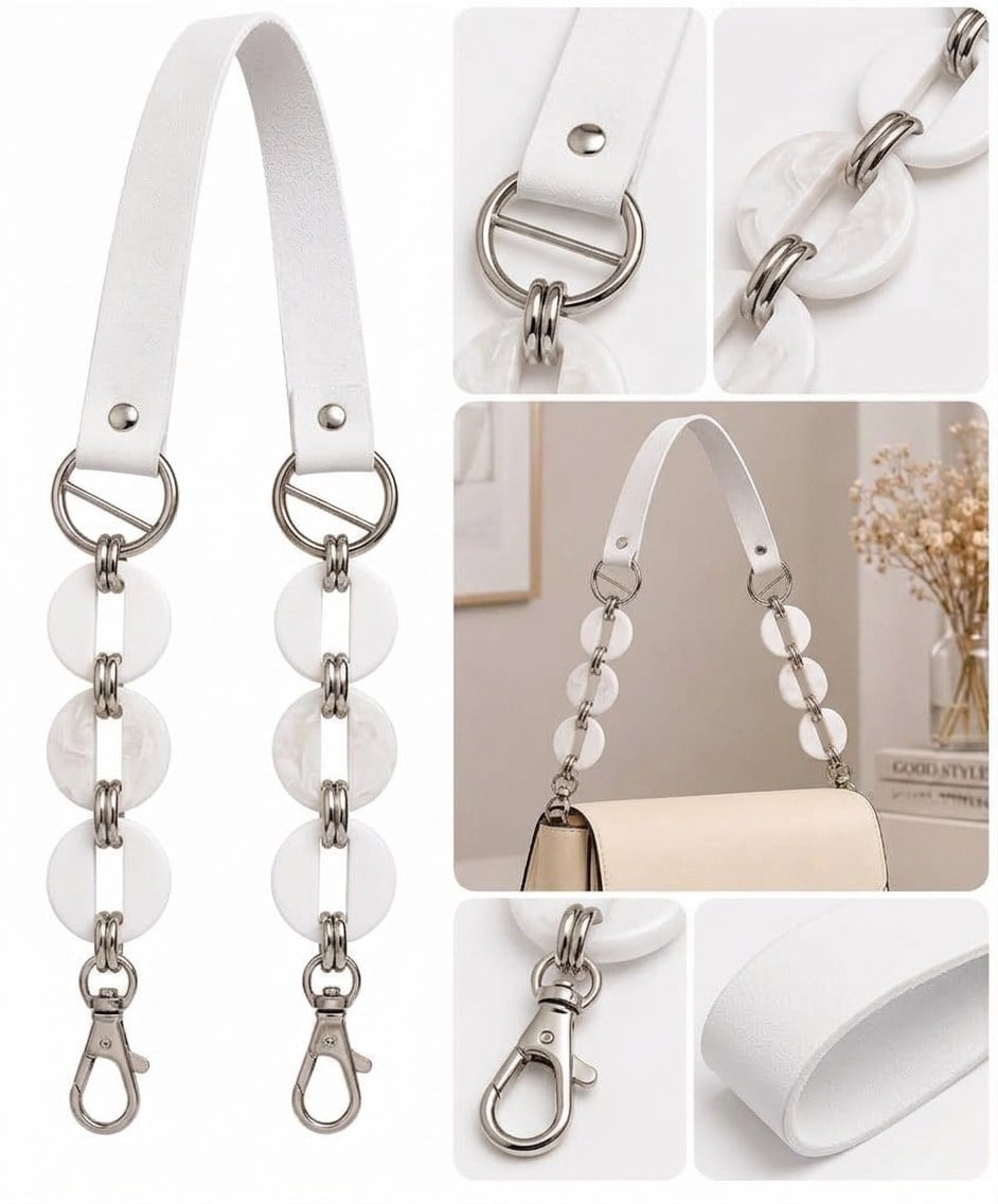 Suni Deri Boncuk ve Metal Detaylı Çanta Sapı – 75 cm Gümüş Klipsli Çanta Askısı Beyaz