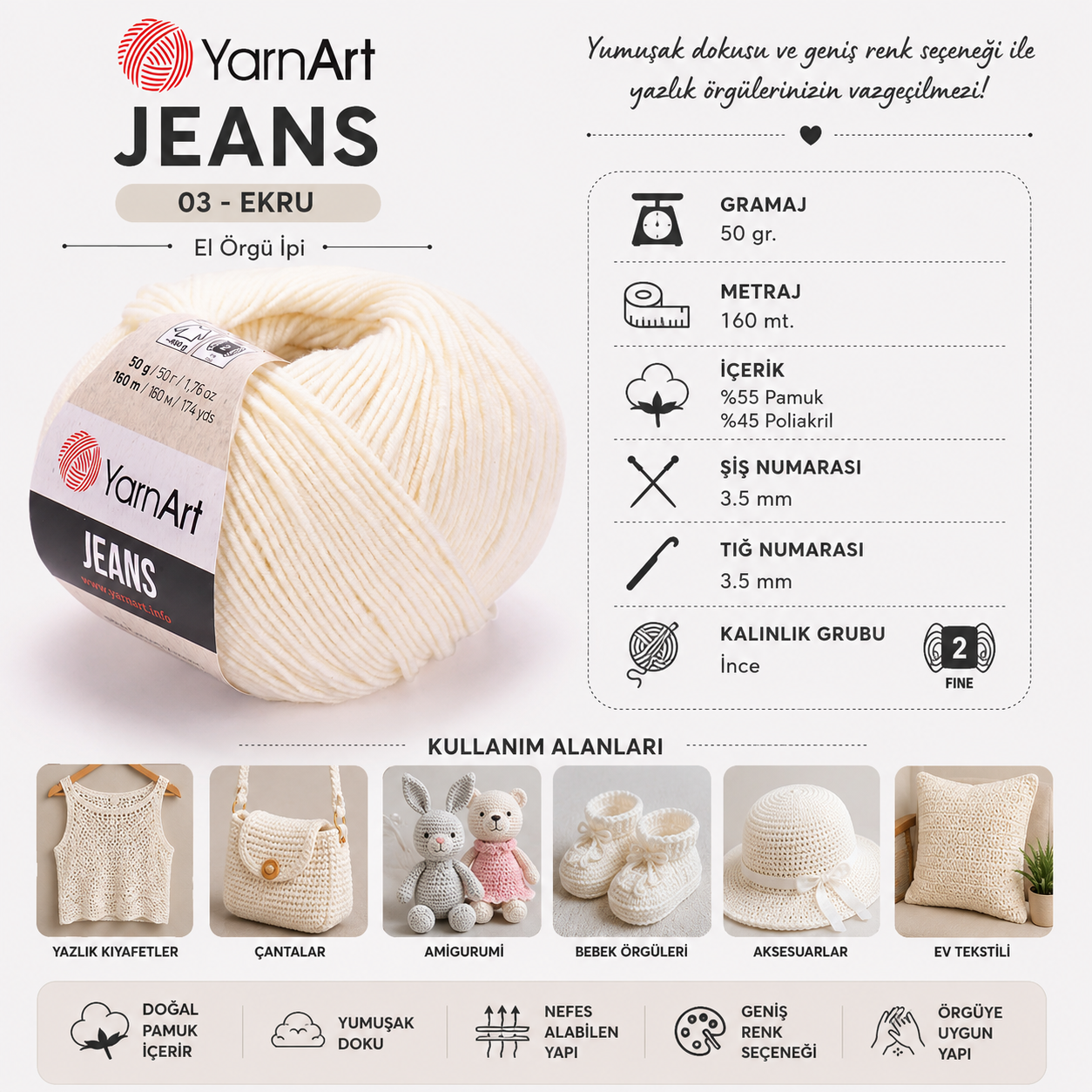 Yarnart Jeans Ekru El Örgü İpi 03