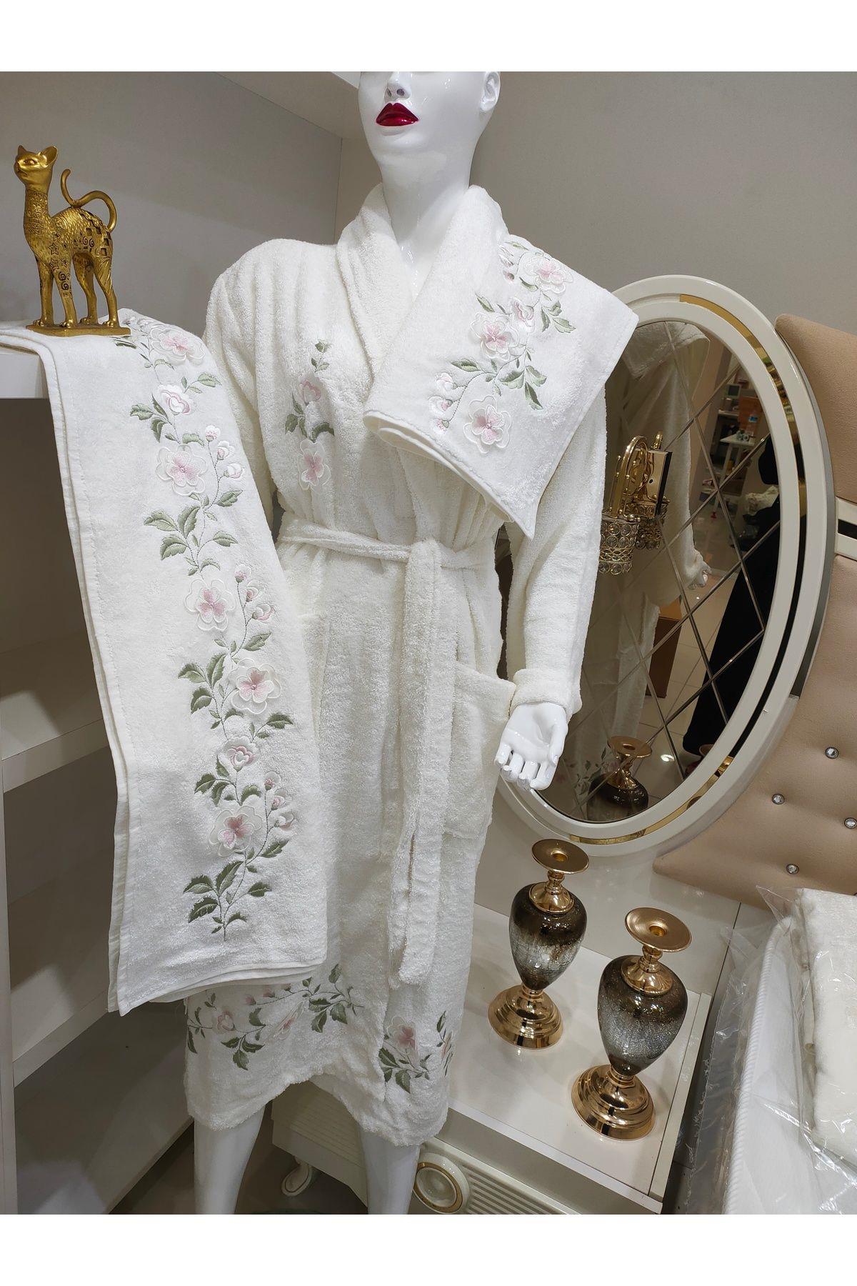 bornoz üç boyutlu nakış işlemeli banyo hama bornoz seti çeyizlik