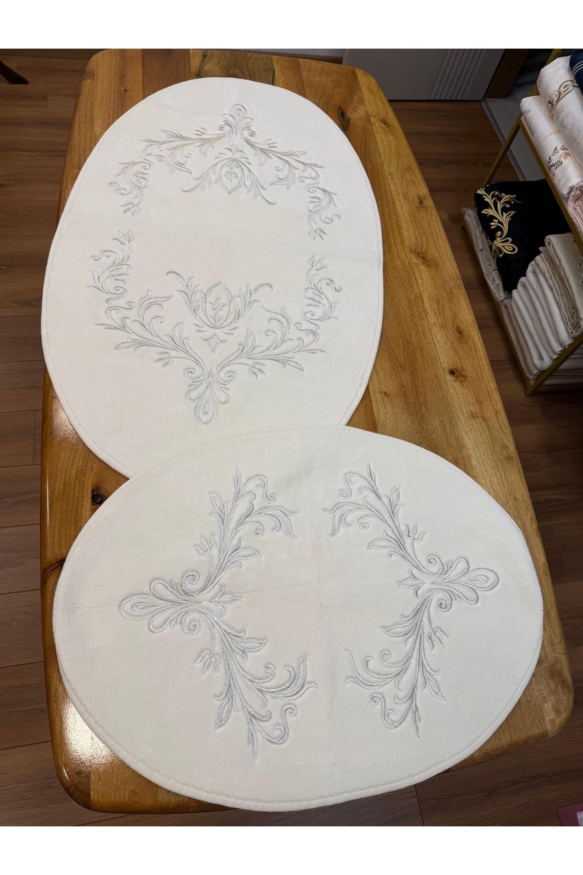 GÜMÜŞ İşlemeli Simli Maraş İşi Nakışlı 2'li Pamuklu Oval Halı Paspas Seti – 70x120 & 60x80