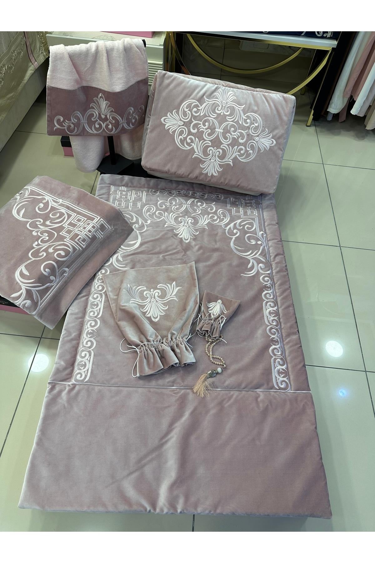 Seccade Seti 7 Parça Ipek Kadife Pudra Pembesi