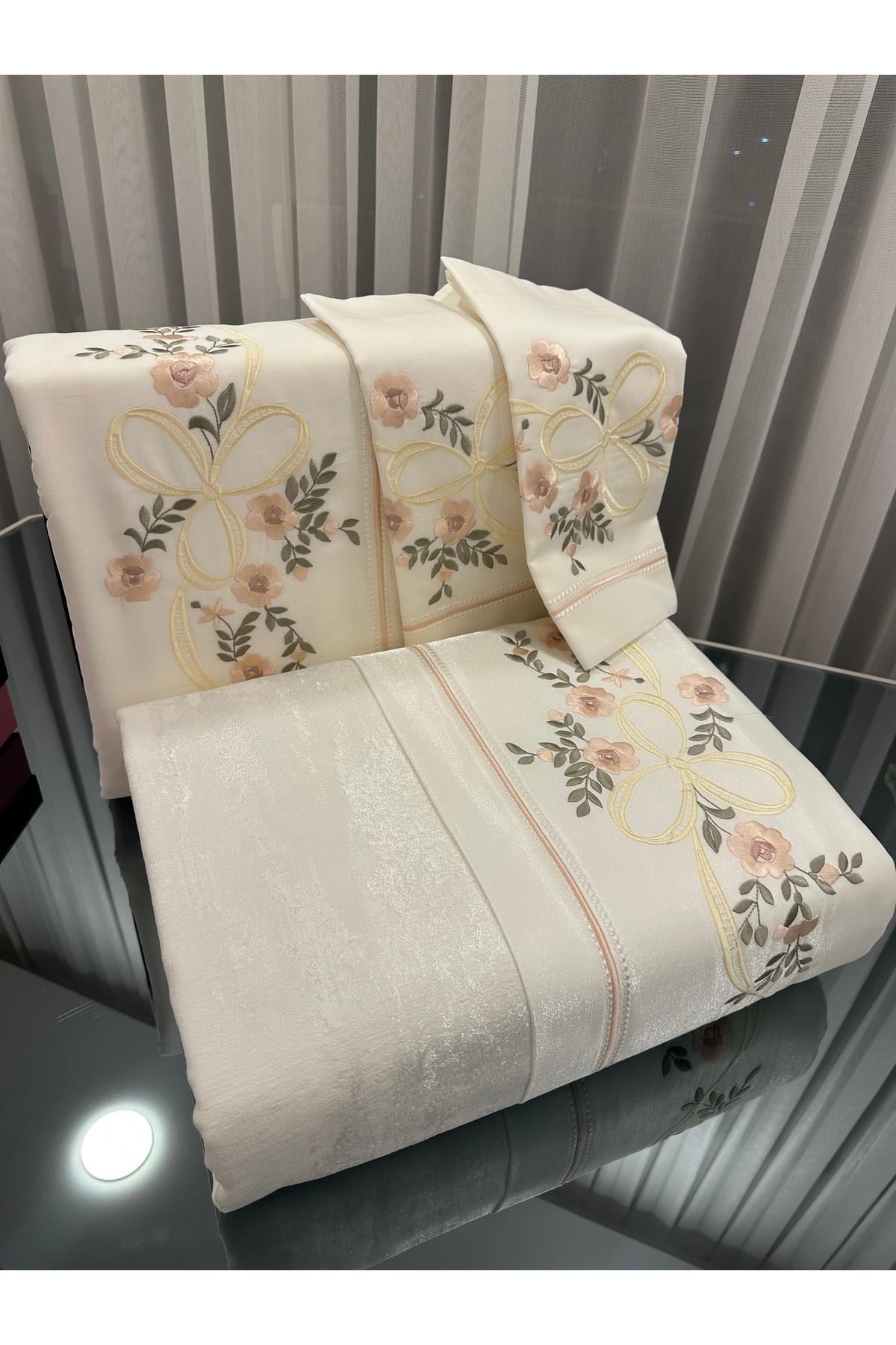 Yatak örtüsü : Premium Nakışlı 7 Parça Çeyizlik Yatak Odası Seti - %100 Pamuk Saten