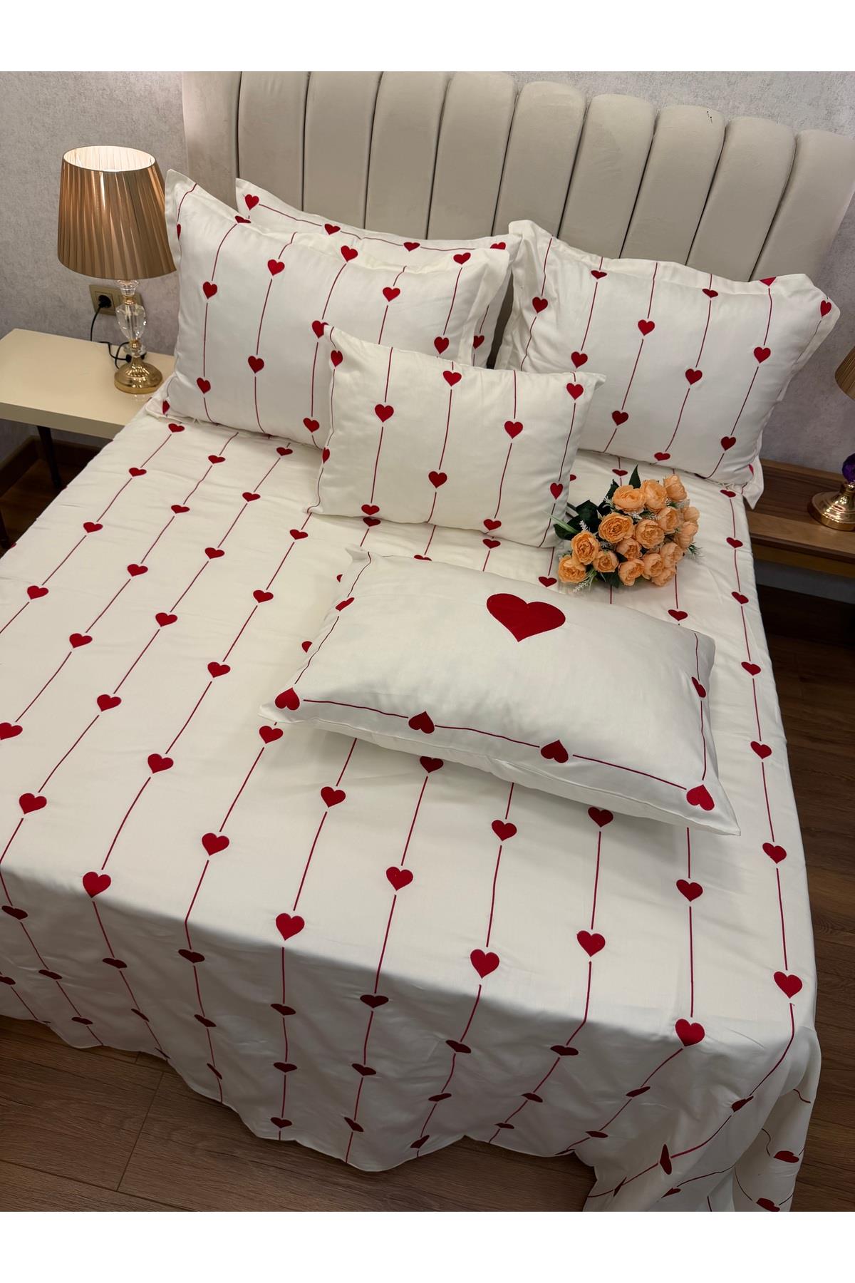 %100 Pamuk Saten Kırmızı Kalp Nakışlı 7 Parça Nevresim Takımı - 240x230 cm - 90 Tel (king size )LÜXS