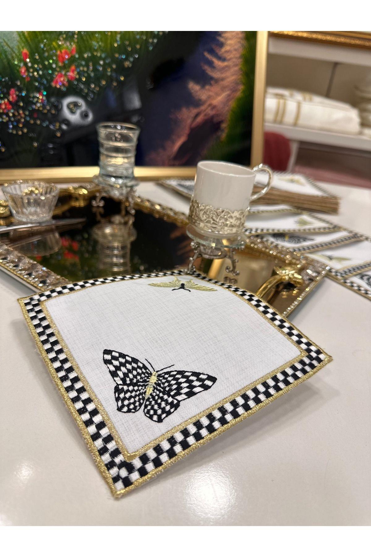 Çay, Kahve Ve Kokteyl Sunumluk 1 Adet Kelebek Nakış Işlemeli