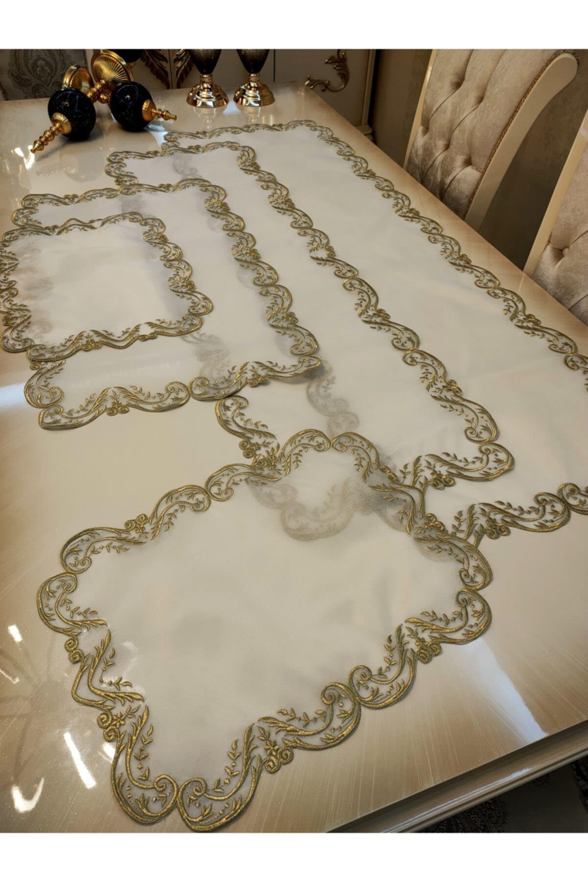 Gold Işlemeli Ödemiş Ipek 5 Parça Salon Set