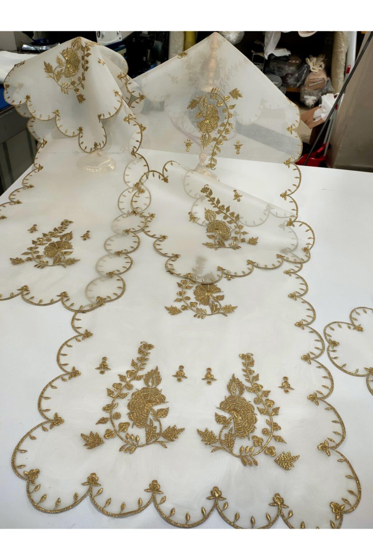 Gold Işlemeli Özel Ödemiş Ipek 5 Parça Salon Set