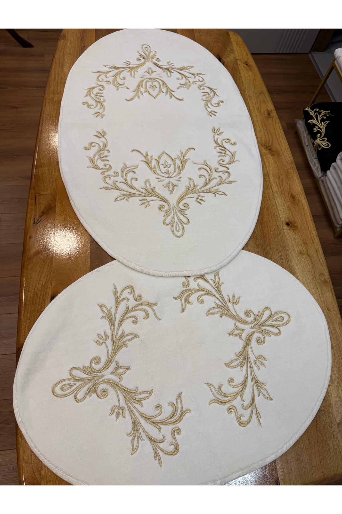 Gold İşlemeli Simli Maraş İşi Nakışlı 2'li Pamuklu Oval Halı Paspas Seti – 70x120 & 60x80