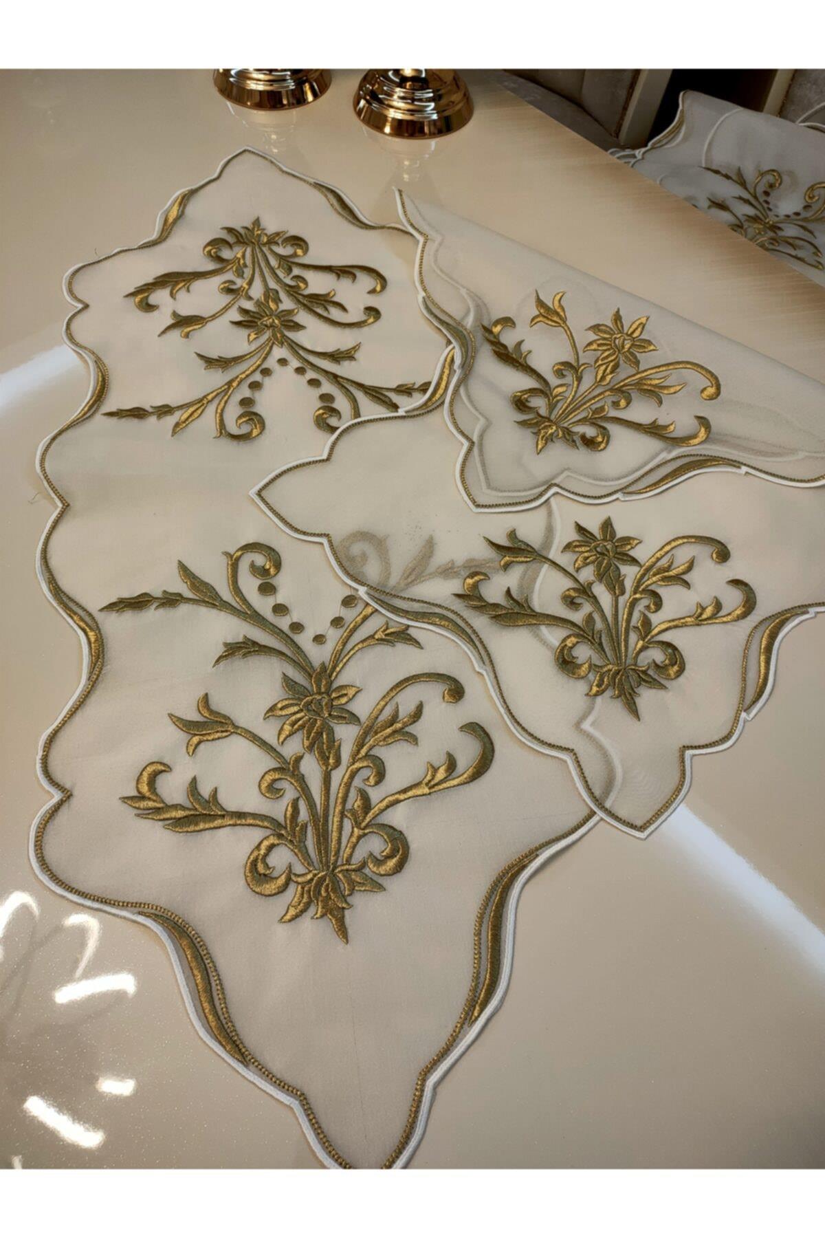 Gold Sim İşlemeli Özel Ödemiş İpek 3 Parça Oda Set