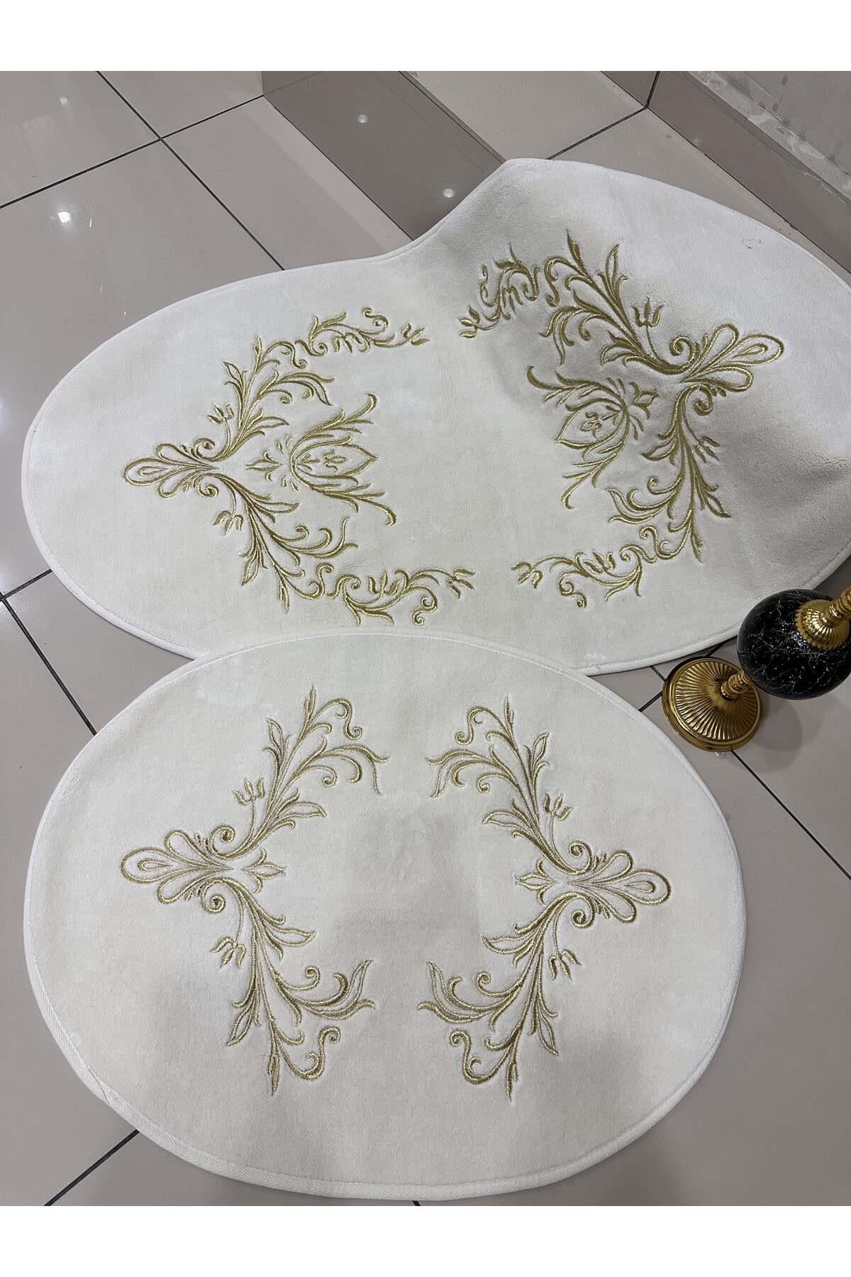 Halı Paspas Gold Ve Gümüş Işlemeli Oval Halı Paspas Seti Ikili Parça 70x120