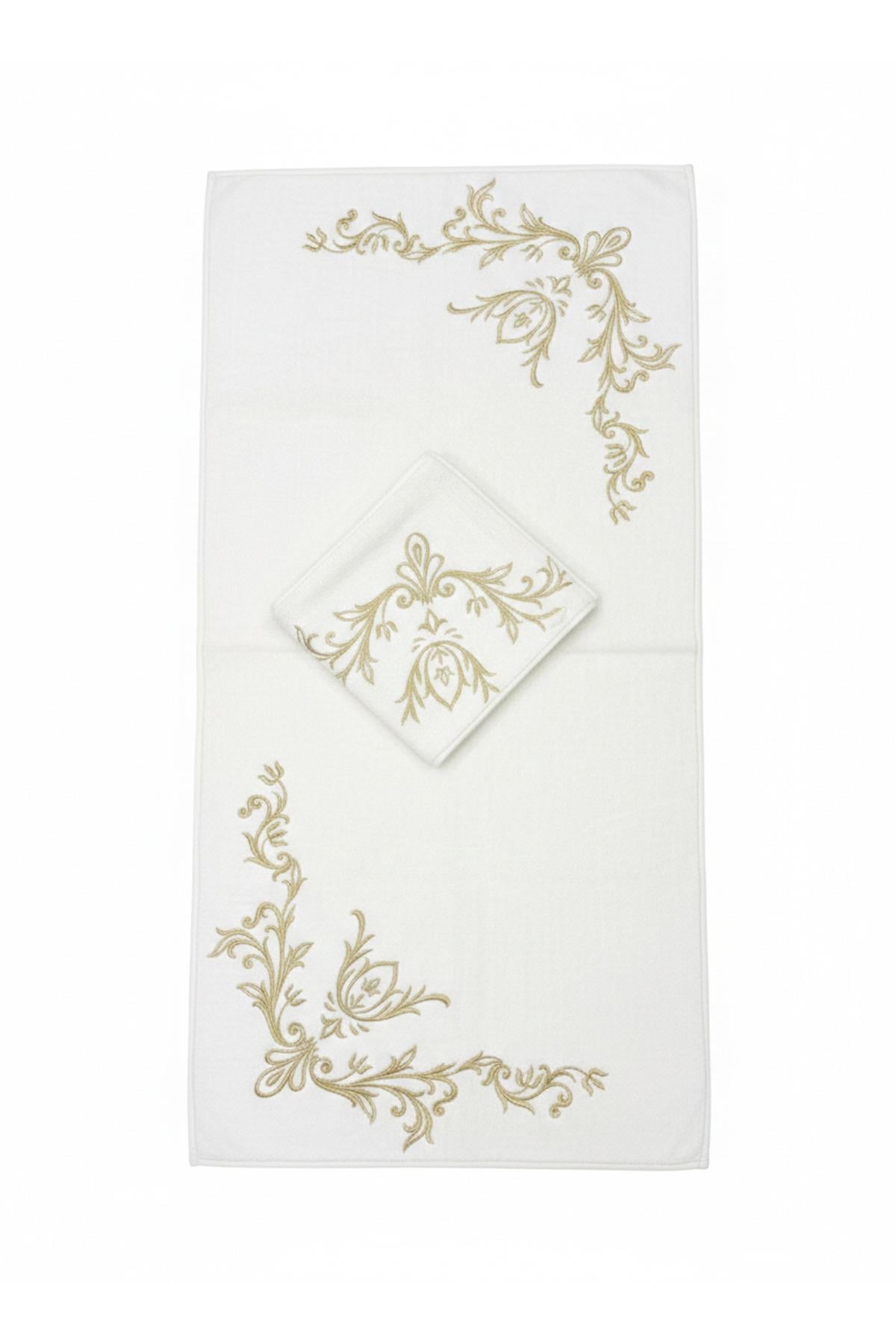 Luxury Gold Nakışlı 2'li Banyo Paspas Takımı - %100 Pamuklu Özel Ölçü (80x200 cm + Küçük Paspas)