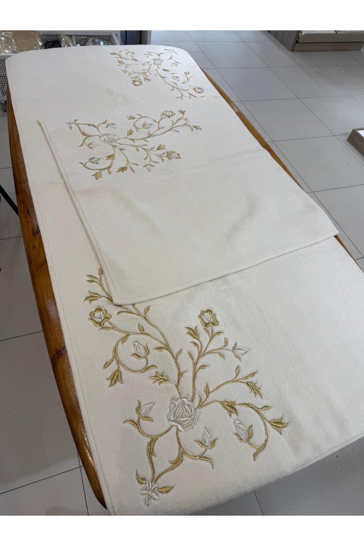 MARAŞ İŞİ GOLD İŞLEMELİ PAMUKLU HALI PASPAS SETİ 2 PARÇA ÖZEL ÖLÇÜ 80X200 CM