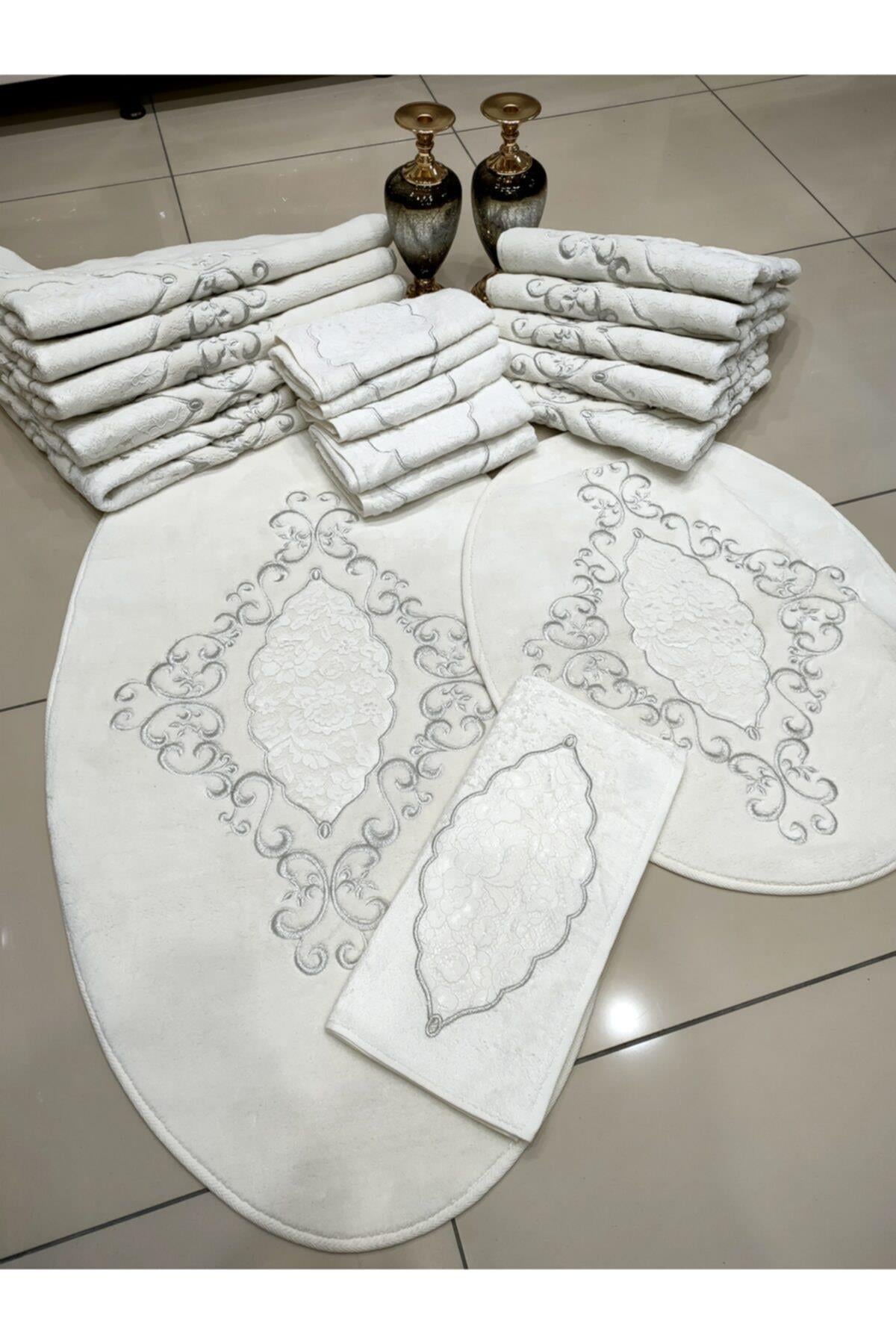 Paspas Seti Nakış Işlemeli 3 Parça Oval Halı Banyo Paspas Set 70x120