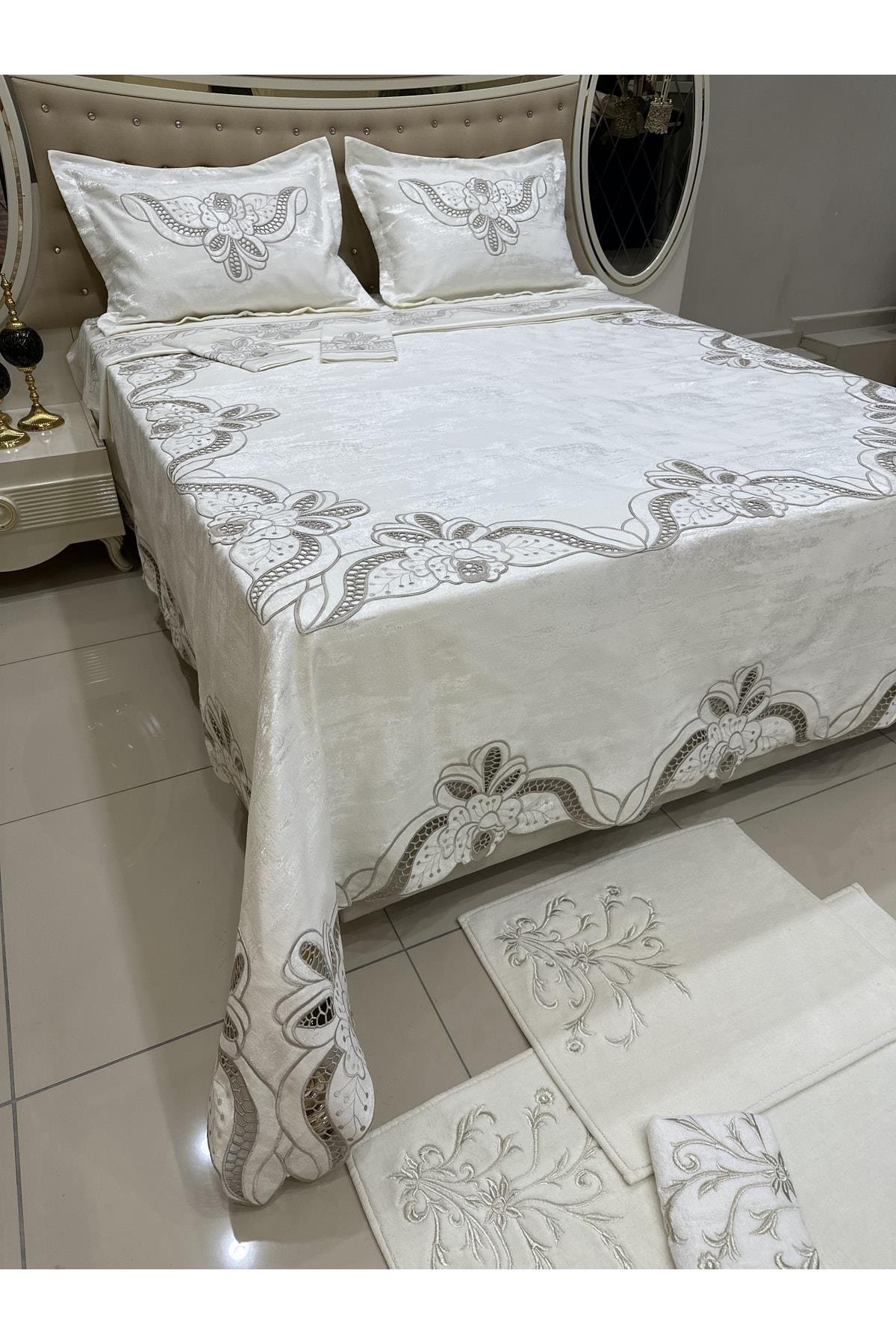 Yatak Örtüsü Beyaz İş Nakış İşlemeli Yatak Örtüsü ve Nevresim Set